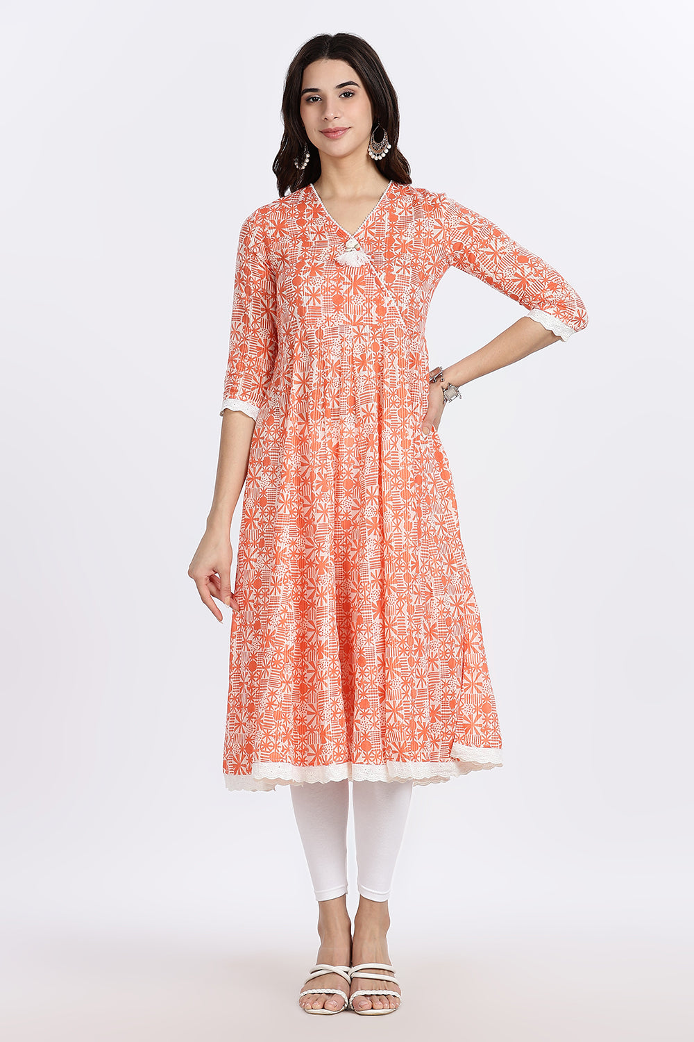 Mythri Women's Cotton Printed Anarkali Kurta with Geometric Floral Design, Lace Detailing & V-Neck Wrap Style | Daily Wear Cotton Dobby Kurti - A304