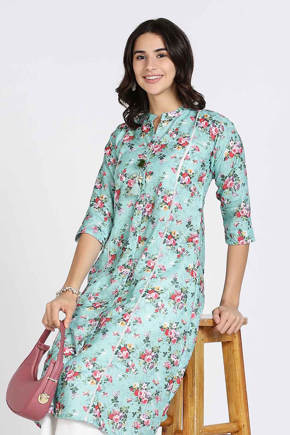 Mythri Women’s Cotton Dobby Kurthi | Ethnic Wear with Mandarin Collar, Embroidery & Lace Accents - Green - TA30