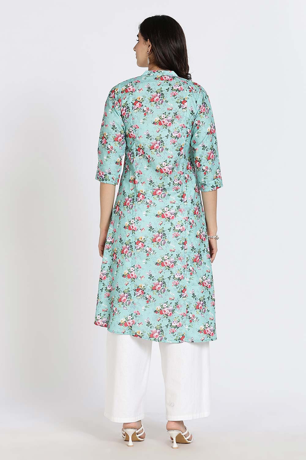 Mythri Women’s Cotton Dobby Kurthi | Ethnic Wear with Mandarin Collar, Embroidery & Lace Accents - Green - TA30