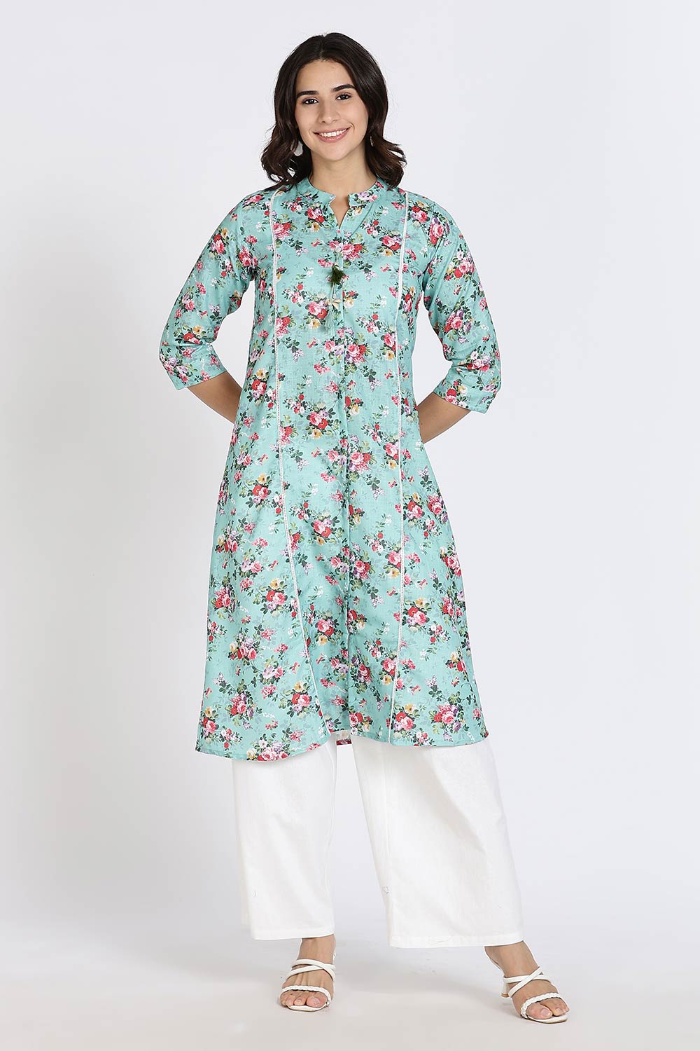 Mythri Women’s Cotton Dobby Kurthi | Ethnic Wear with Mandarin Collar, Embroidery & Lace Accents - Green - TA30