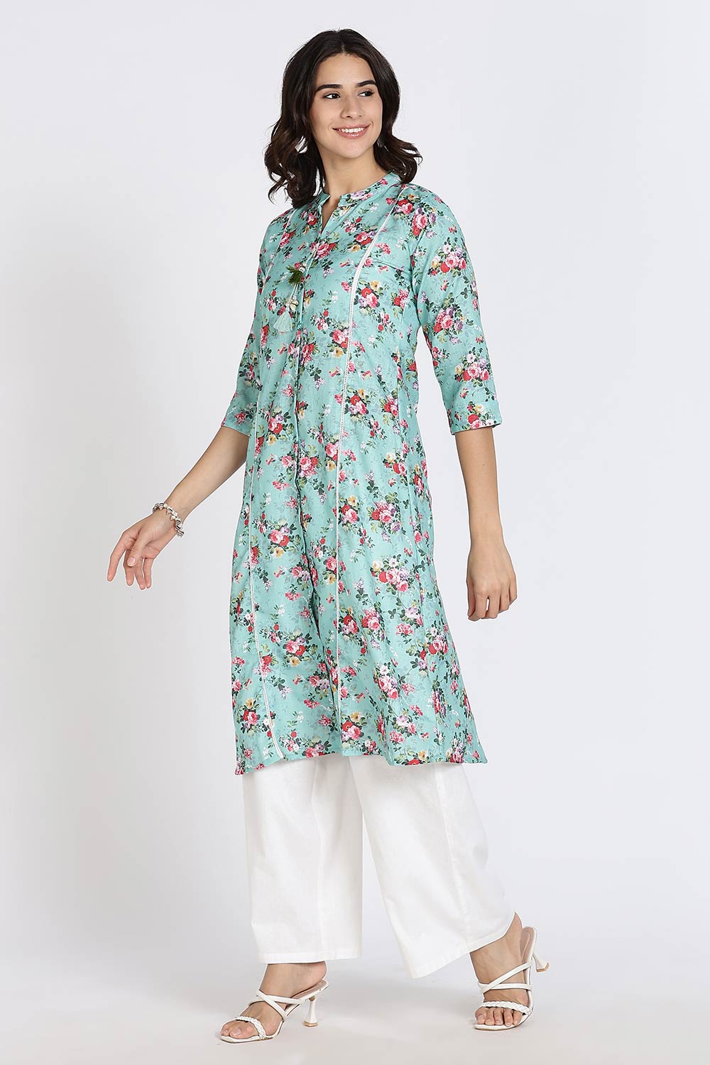 Mythri Women’s Cotton Dobby Kurthi | Ethnic Wear with Mandarin Collar, Embroidery & Lace Accents - Green - TA30