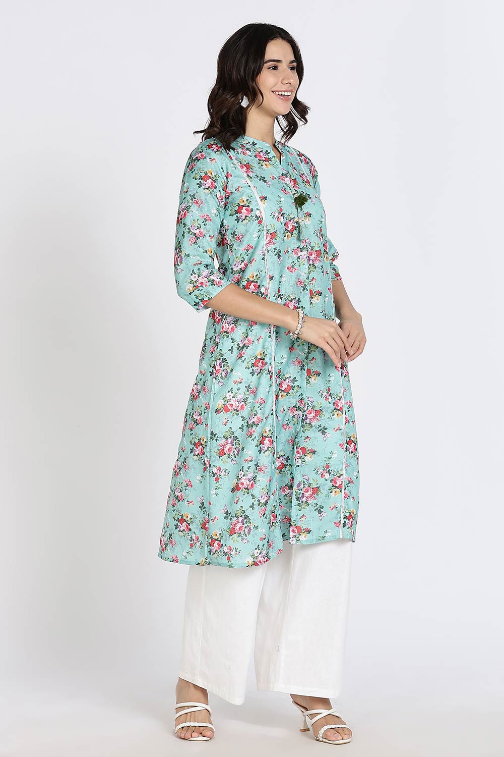 Mythri Women’s Cotton Dobby Kurthi | Ethnic Wear with Mandarin Collar, Embroidery & Lace Accents - Green - TA30