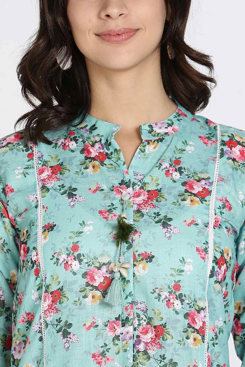 Mythri Women’s Cotton Dobby Kurthi | Ethnic Wear with Mandarin Collar, Embroidery & Lace Accents - Green - TA30