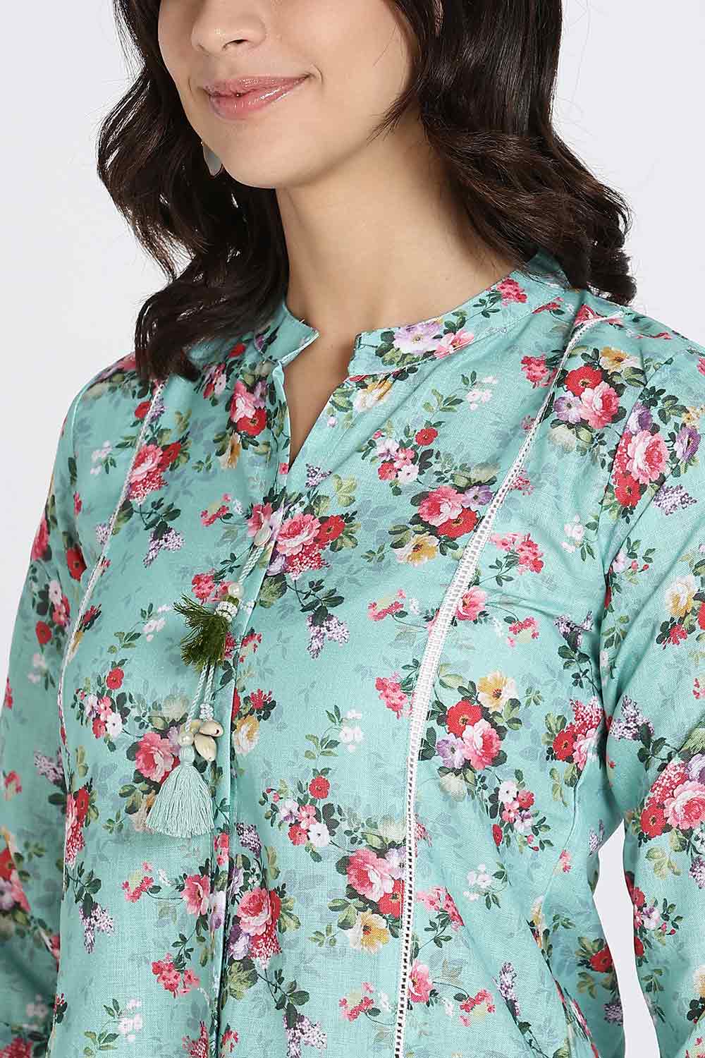 Mythri Women’s Cotton Dobby Kurthi | Ethnic Wear with Mandarin Collar, Embroidery & Lace Accents - Green - TA30