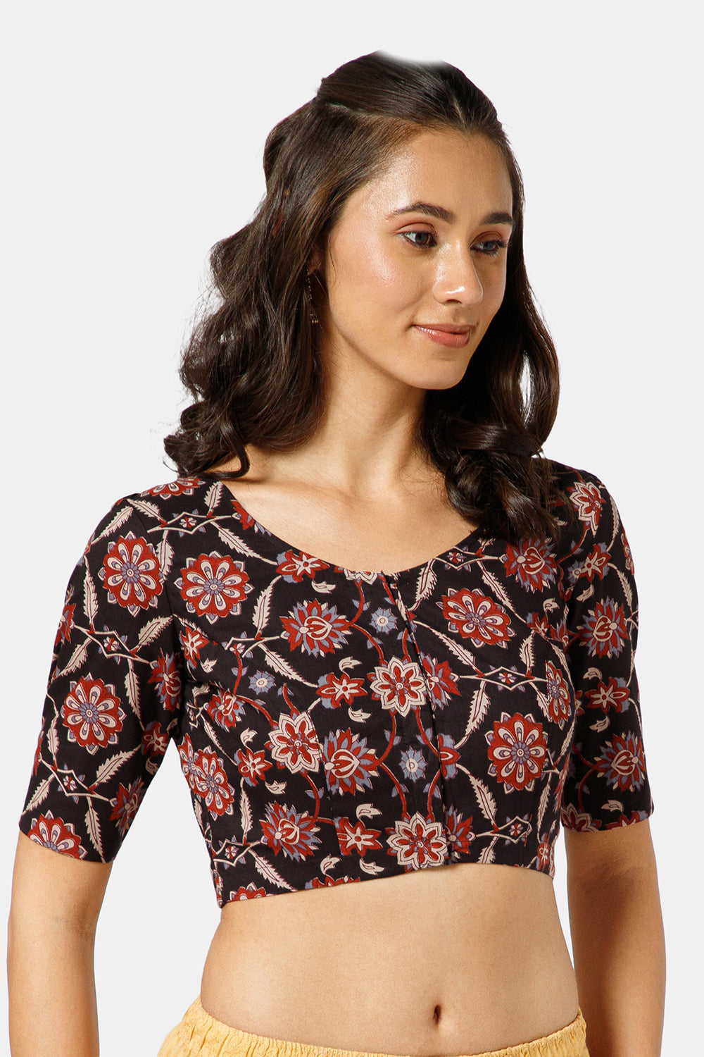 Naidu Hall Women’s Kalamkari Block Printed Cotton Blouse with U Neck Elbow Sleeves and Princess Cut - Black - BU17-P2
