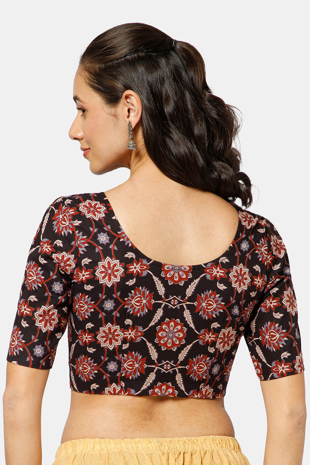 Naidu Hall Women’s Kalamkari Block Printed Cotton Blouse with U Neck Elbow Sleeves and Princess Cut - Black - BU17-P2