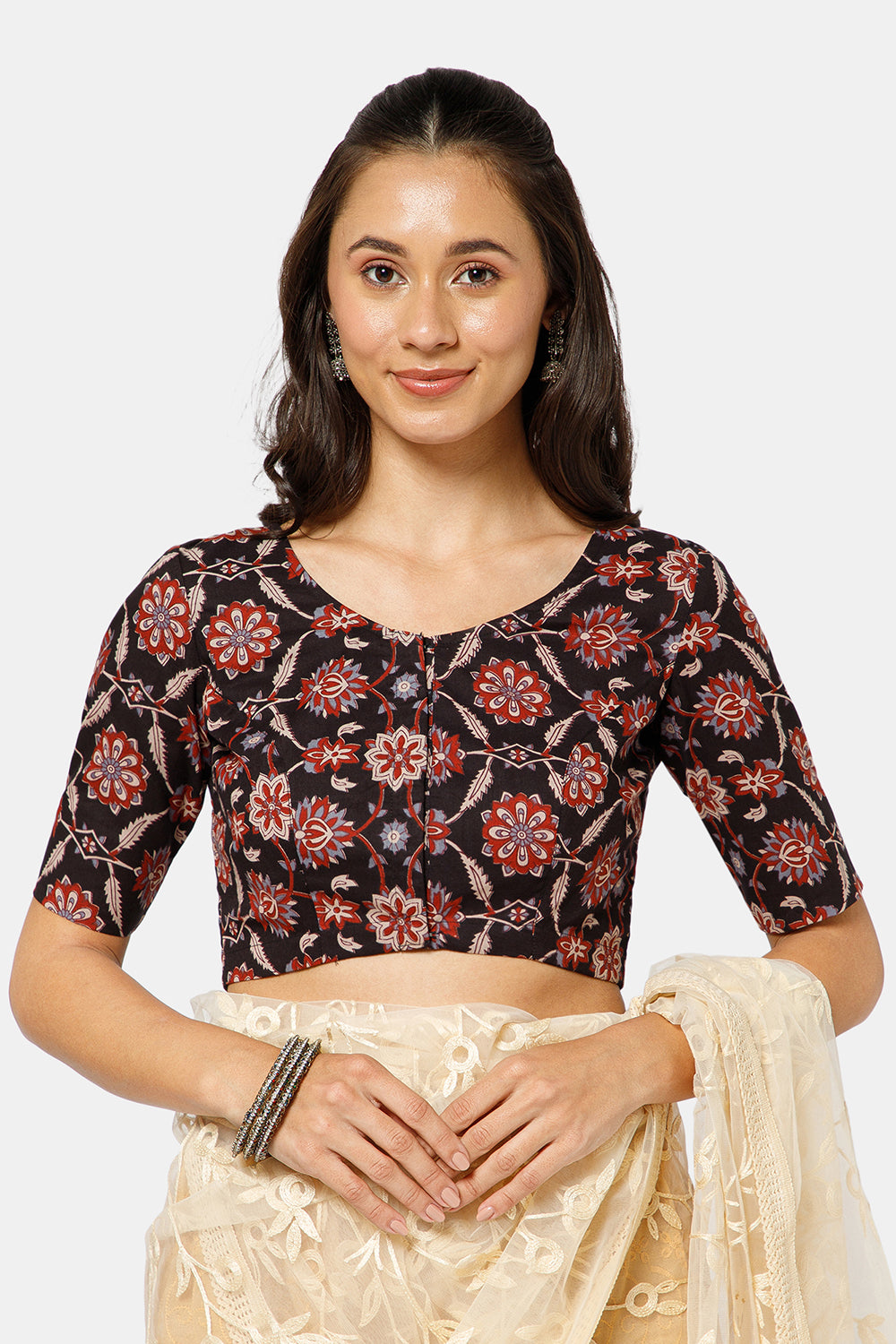 Naidu Hall Women’s Kalamkari Block Printed Cotton Blouse with U Neck Elbow Sleeves and Princess Cut - Black - BU17-P2