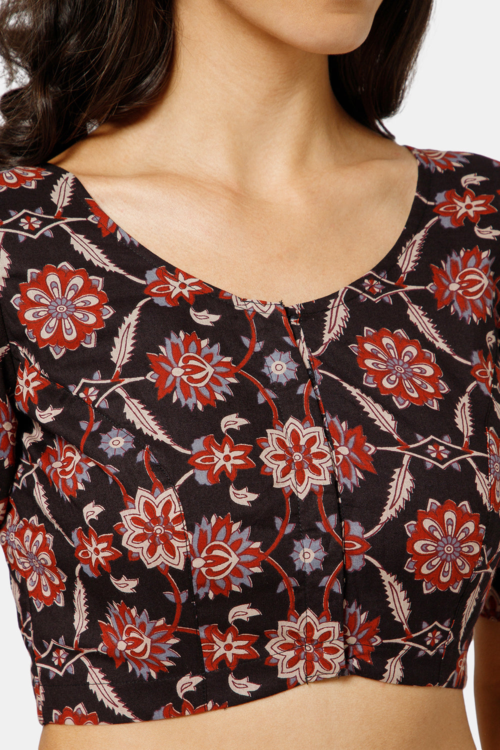 Naidu Hall Women’s Kalamkari Block Printed Cotton Blouse with U Neck Elbow Sleeves and Princess Cut - Black - BU17-P2