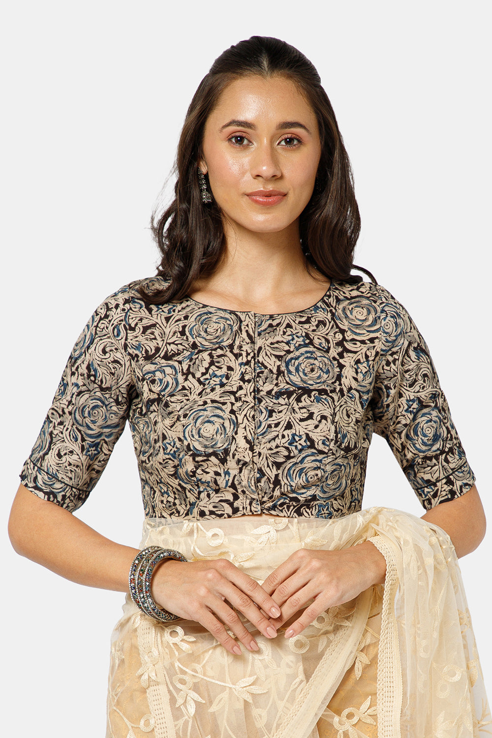 Naidu Hall Women’s Kalamkari Cotton Boat Neck Blouse with Elbow Sleeves and Front Hook Closure - Indigo - BU18