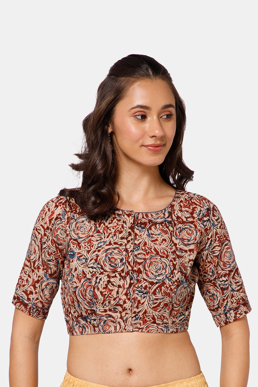 Naidu Hall Women’s Kalamkari Cotton Boat Neck Blouse with Elbow Sleeves and Front Hook Closure - Red - BU18