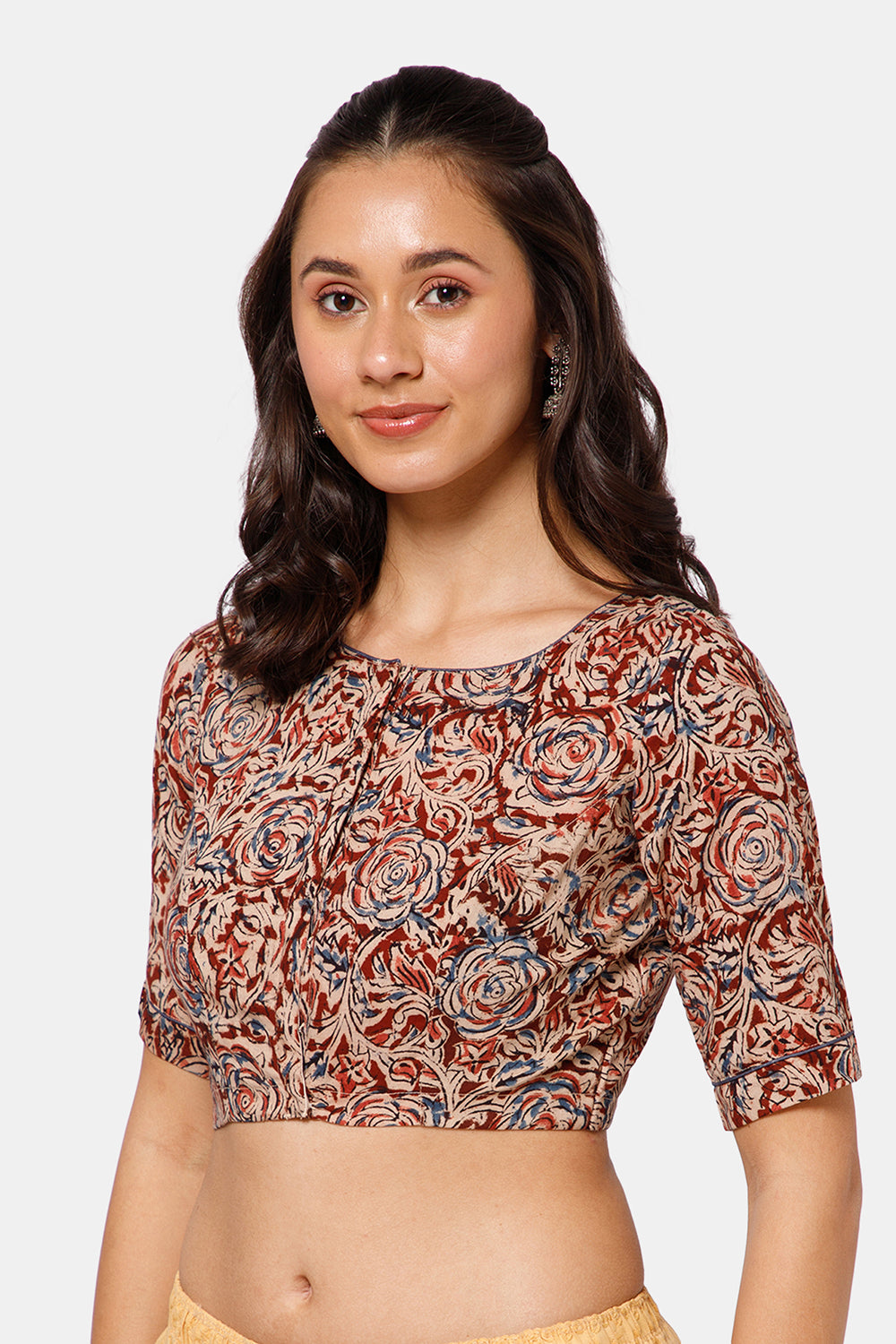 Naidu Hall Women’s Kalamkari Cotton Boat Neck Blouse with Elbow Sleeves and Front Hook Closure - Red - BU18