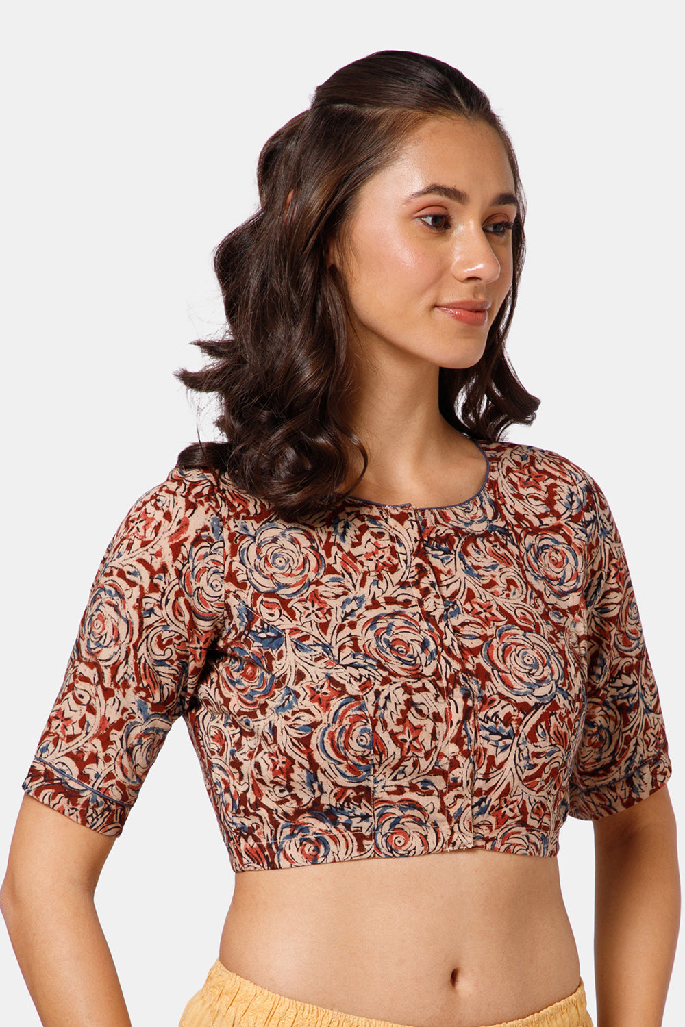 Naidu Hall Women’s Kalamkari Cotton Boat Neck Blouse with Elbow Sleeves and Front Hook Closure - Red - BU18