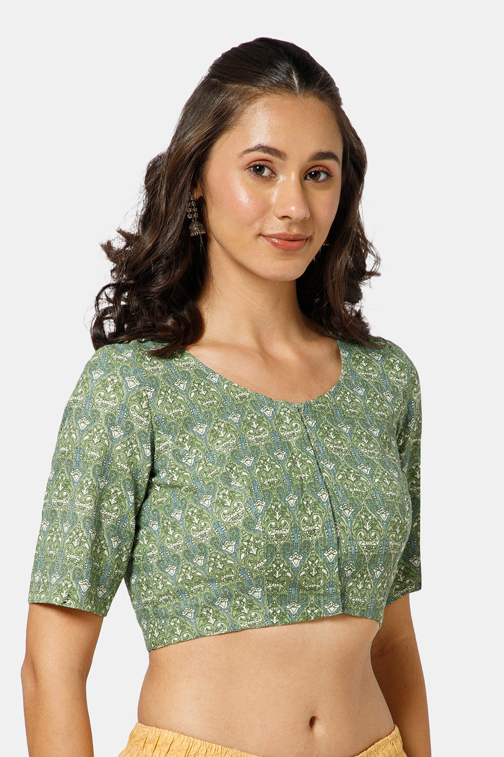 Naidu Hall Women’s Kalamkari Block Printed Cotton Blouse with U Neck Elbow Sleeves and Princess Cut - Dark Green - BU17-P1