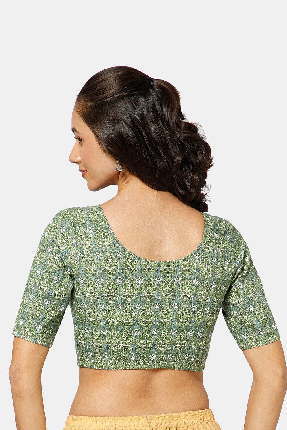 Naidu Hall Women’s Kalamkari Block Printed Cotton Blouse with U Neck Elbow Sleeves and Princess Cut - Dark Green - BU17-P1