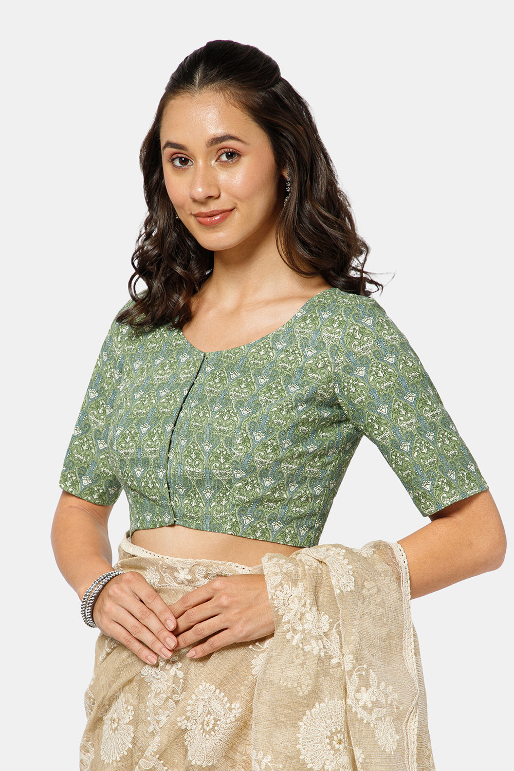 Naidu Hall Women’s Kalamkari Block Printed Cotton Blouse with U Neck Elbow Sleeves and Princess Cut - Dark Green - BU17-P1