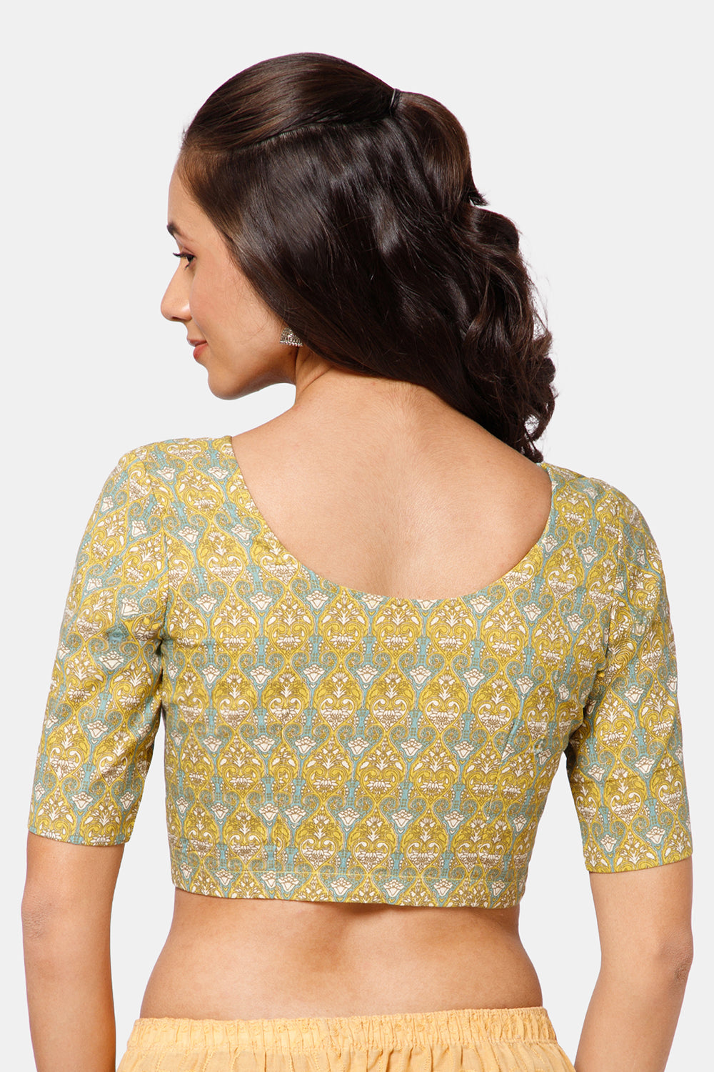 Naidu Hall Women’s Kalamkari Block Printed Cotton Blouse with U Neck Elbow Sleeves and Princess Cut - Green - BU17-P1