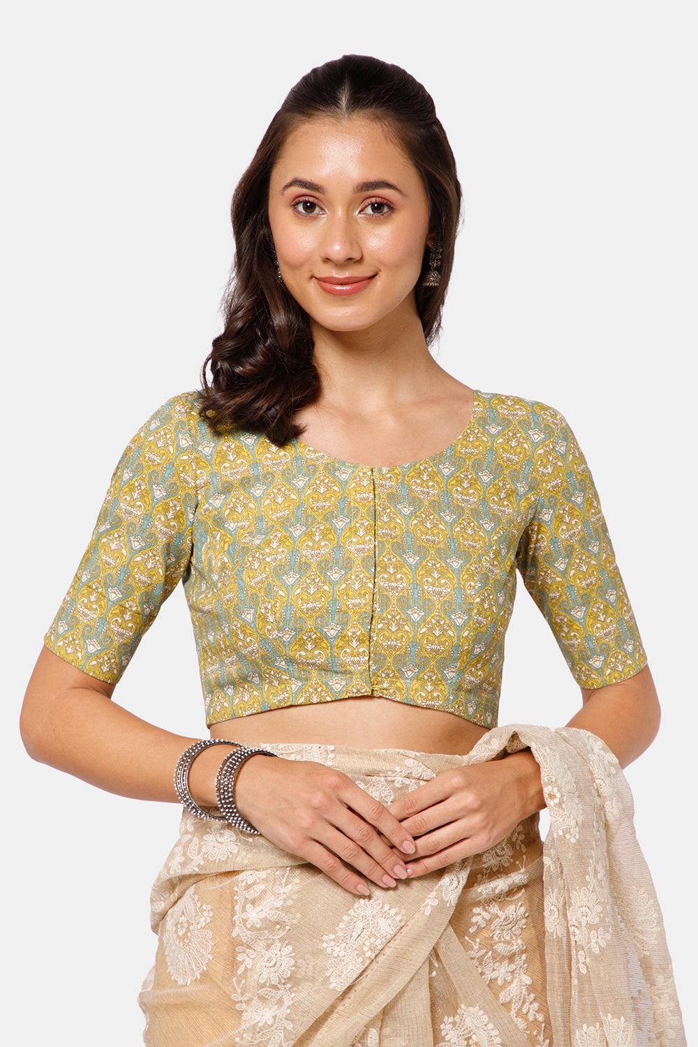 Naidu Hall Women’s Kalamkari Block Printed Cotton Blouse with U Neck Elbow Sleeves and Princess Cut - Green - BU17-P1