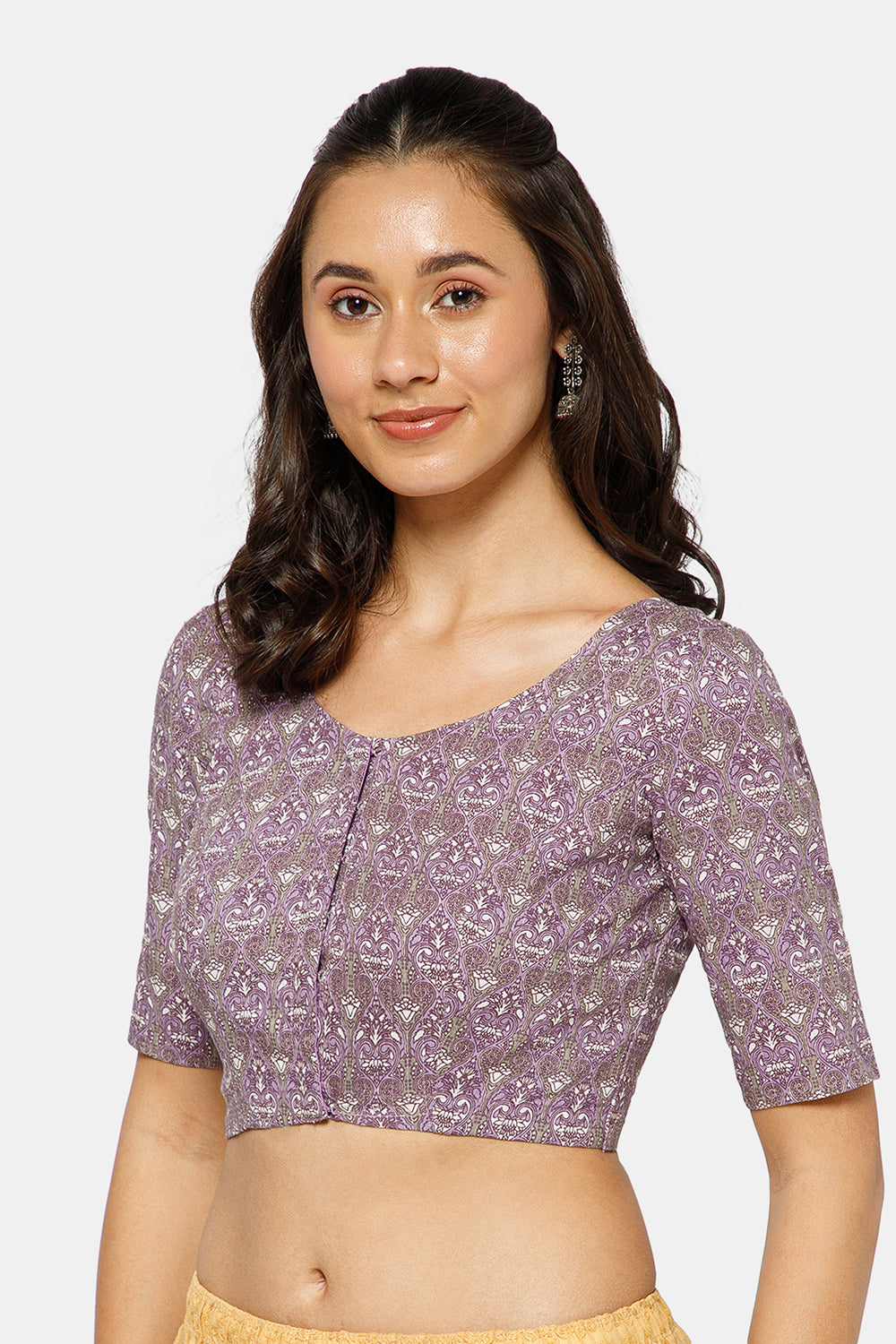 Naidu Hall Women’s Kalamkari Block Printed Cotton Blouse with U Neck Elbow Sleeves and Princess Cut - Purple - BU17-P1