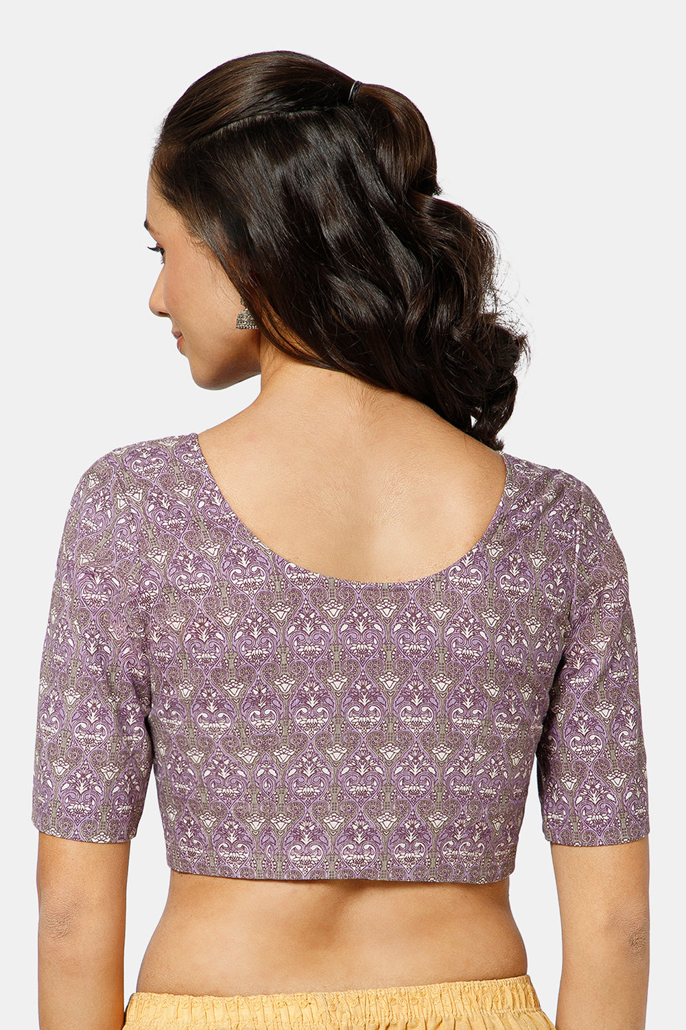 Naidu Hall Women’s Kalamkari Block Printed Cotton Blouse with U Neck Elbow Sleeves and Princess Cut - Purple - BU17-P1