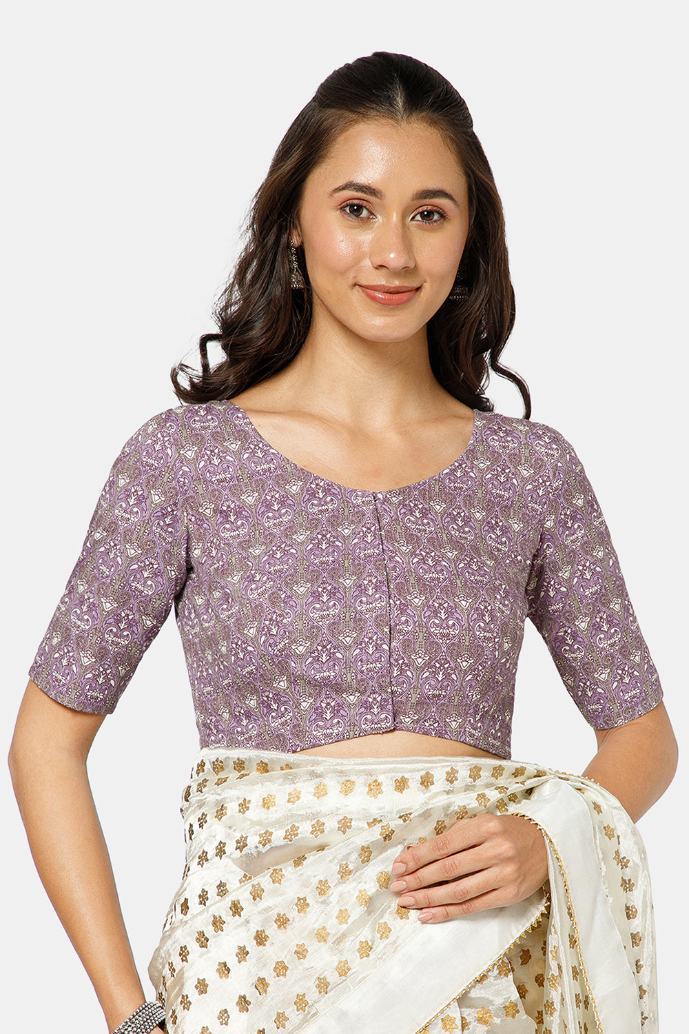 Naidu Hall Women’s Kalamkari Block Printed Cotton Blouse with U Neck Elbow Sleeves and Princess Cut - Purple - BU17-P1