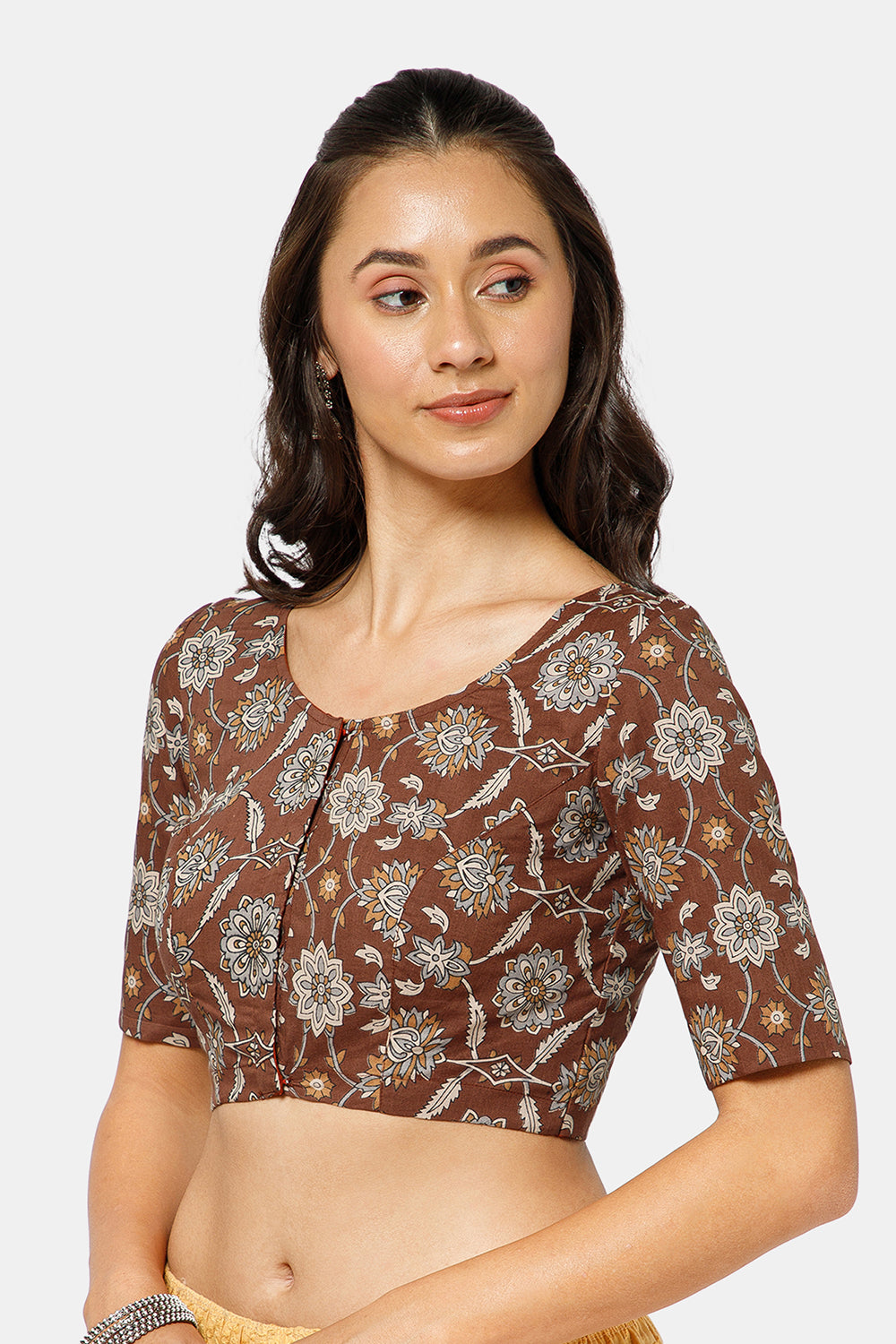 Naidu Hall Women’s Kalamkari Block Printed Cotton Blouse with U Neck Elbow Sleeves and Princess Cut - Brown - BU17-P2