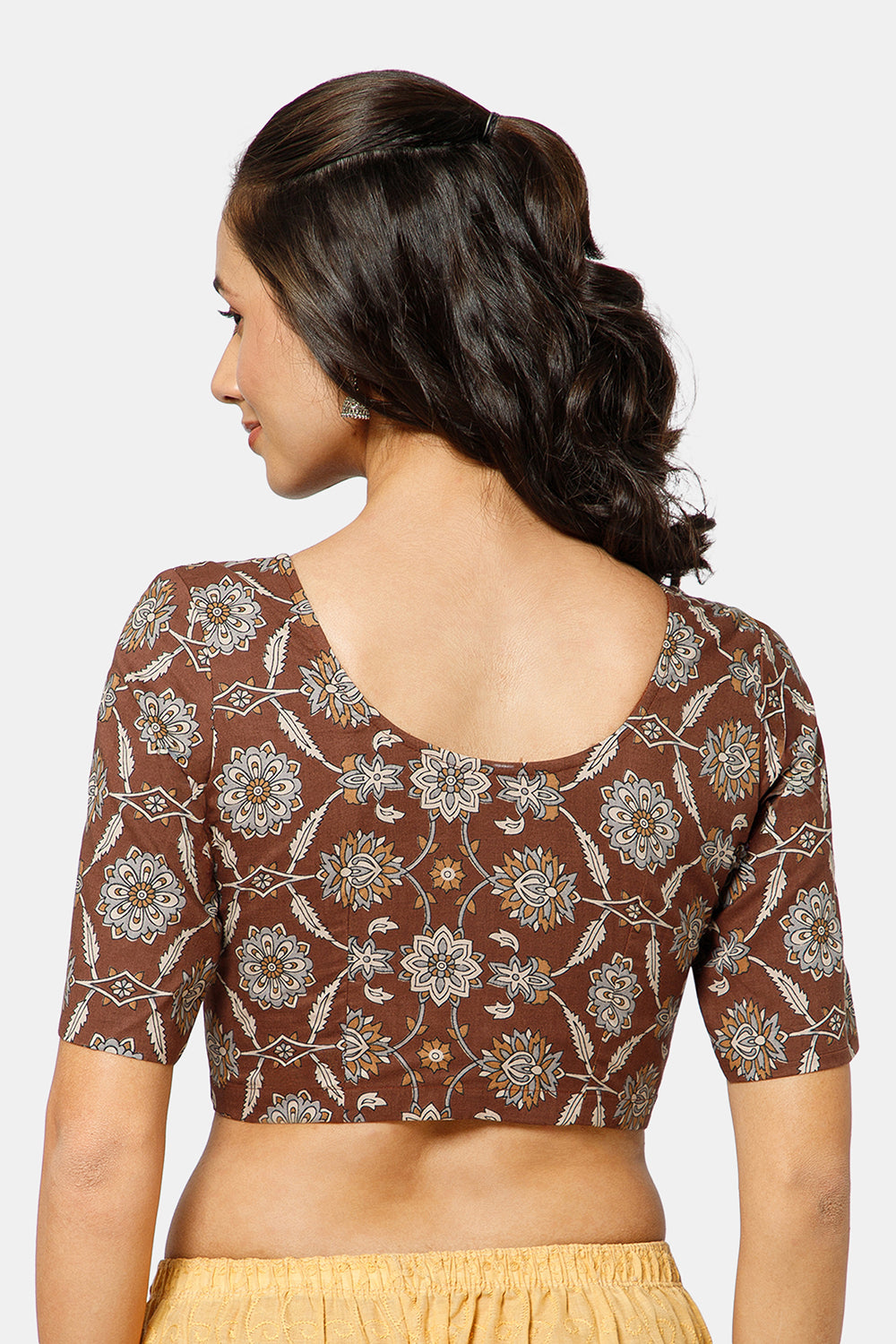 Naidu Hall Women’s Kalamkari Block Printed Cotton Blouse with U Neck Elbow Sleeves and Princess Cut - Brown - BU17-P2