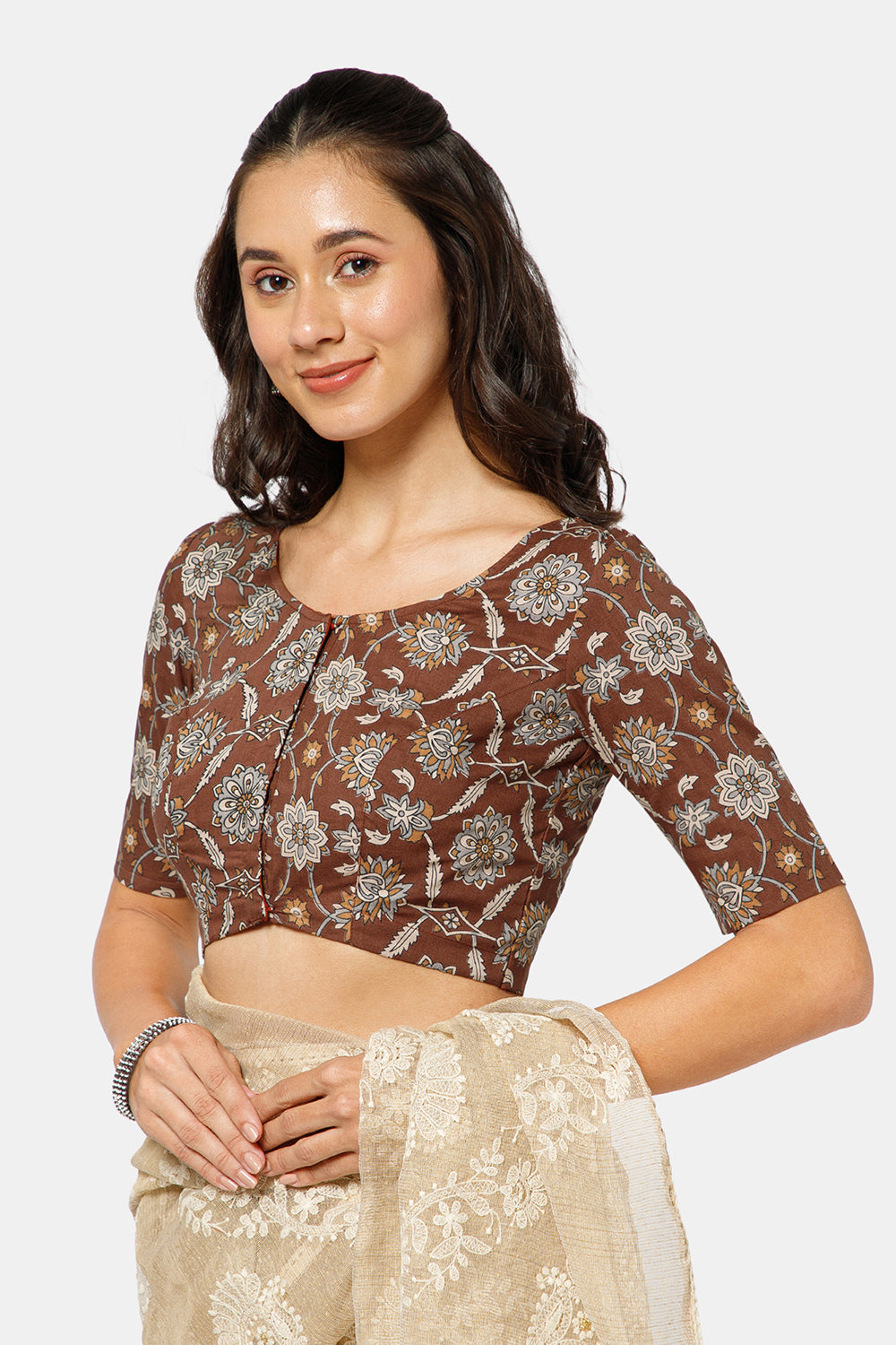 Naidu Hall Women’s Kalamkari Block Printed Cotton Blouse with U Neck Elbow Sleeves and Princess Cut - Brown - BU17-P2
