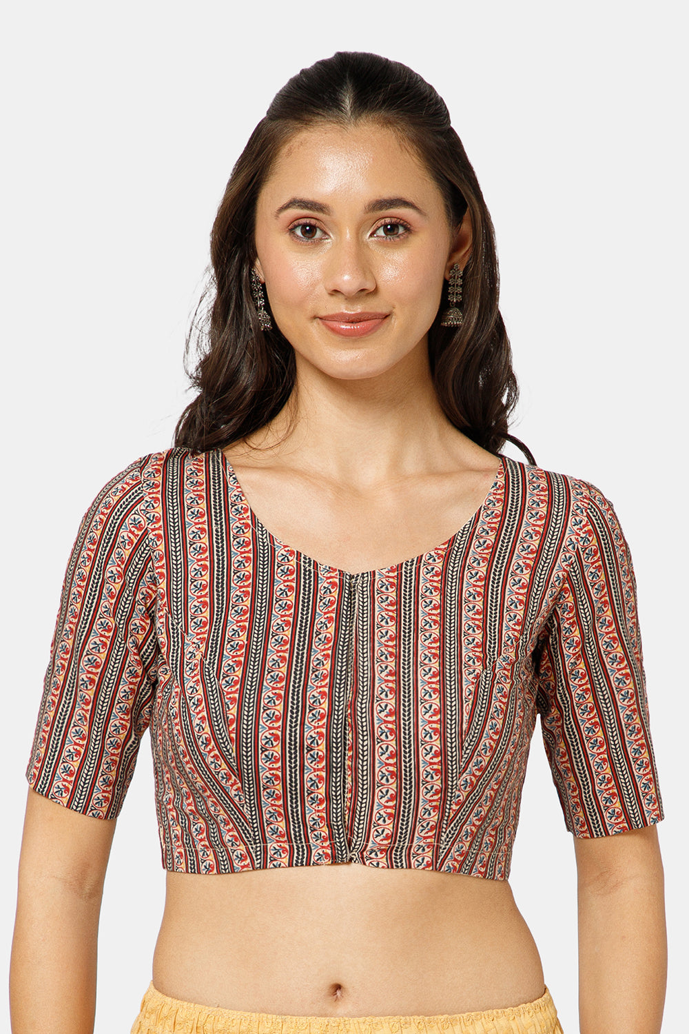Naidu Hall Women’s Kalamkari Block Printed Cotton Blouse with U Neck Elbow Sleeves and Princess Cut - Black - BU17-P3