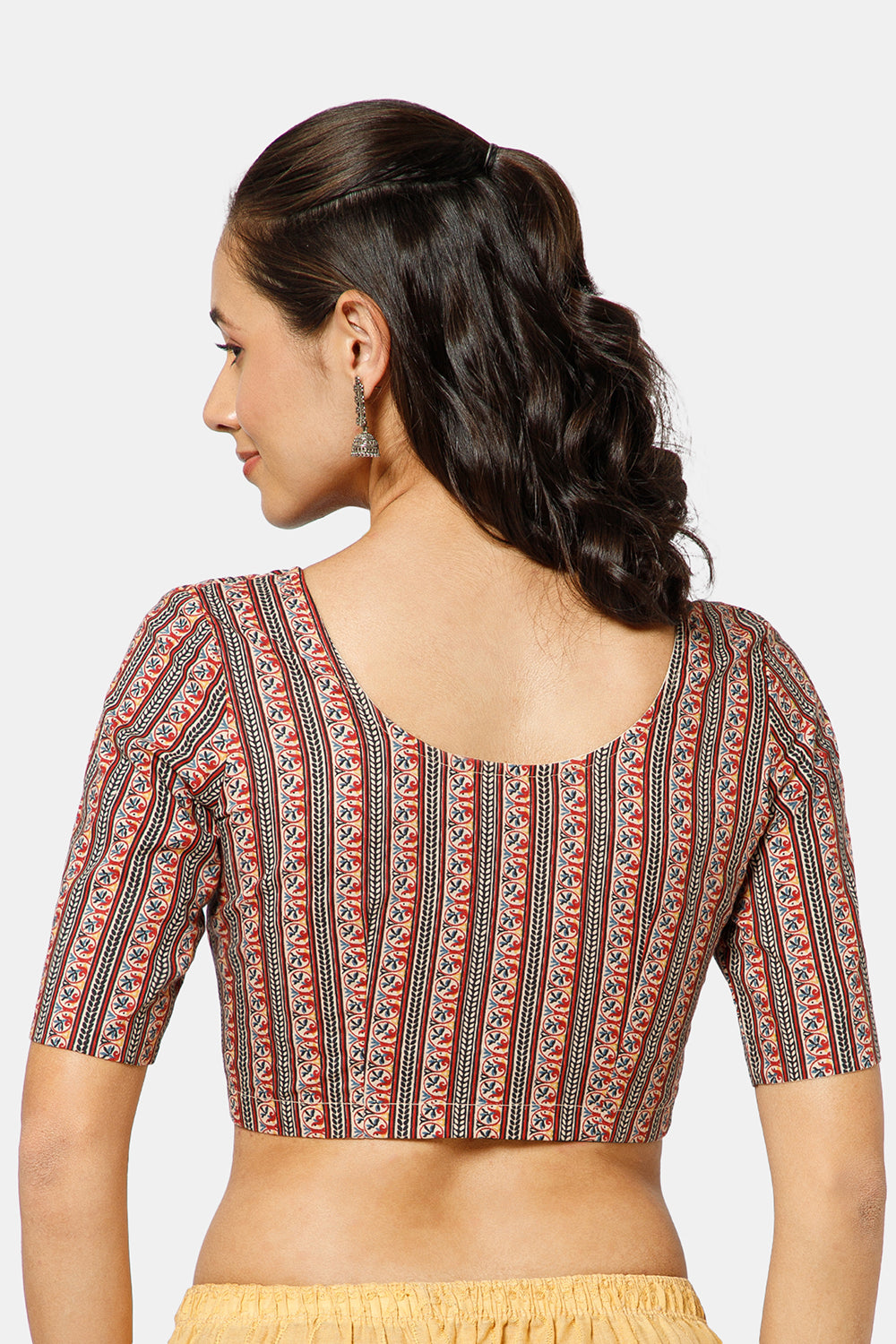 Naidu Hall Women’s Kalamkari Block Printed Cotton Blouse with U Neck Elbow Sleeves and Princess Cut - Black - BU17-P3
