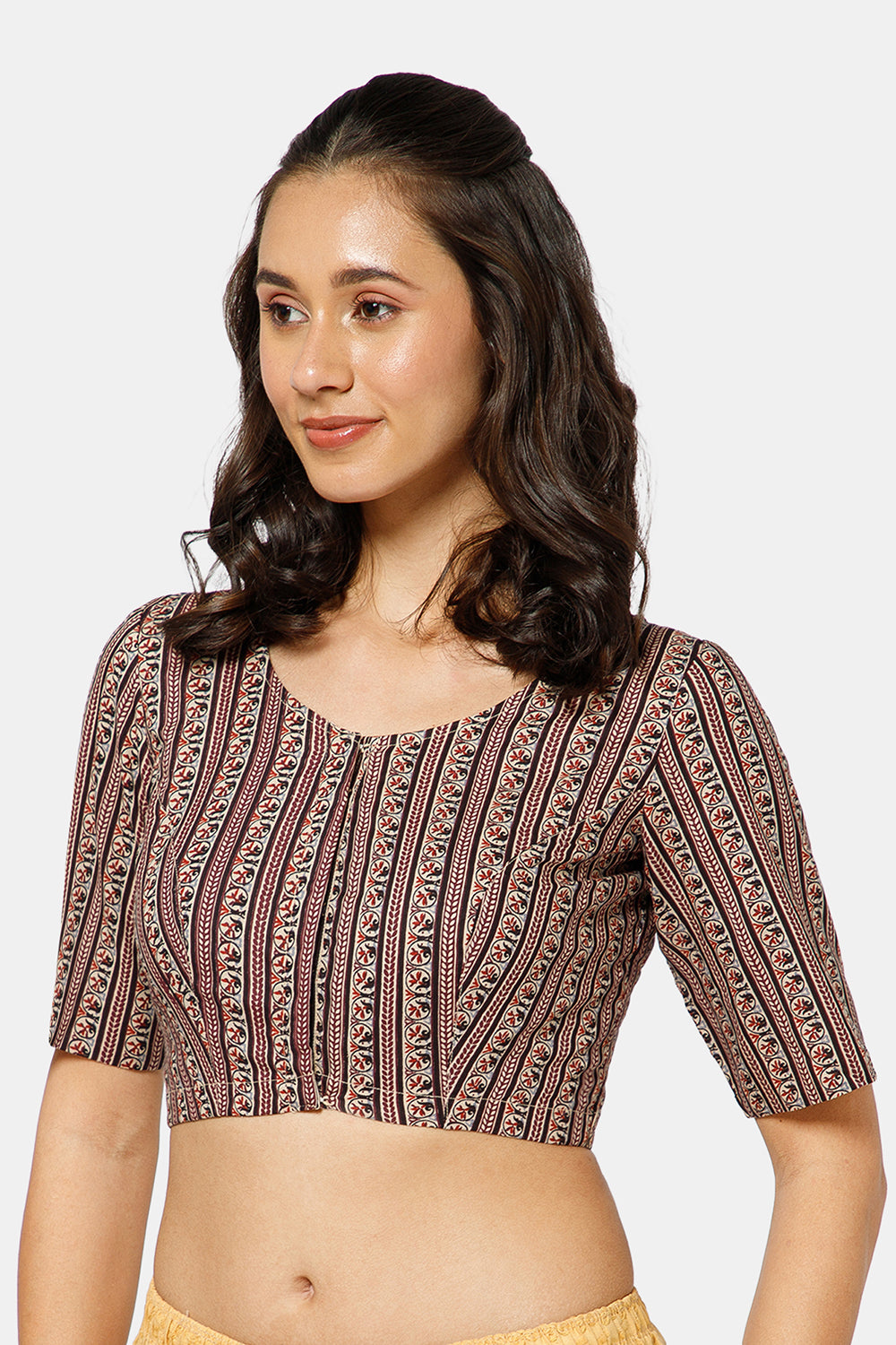 Naidu Hall Women’s Ikat Cotton U Neck Blouse with Elbow Sleeves and Front Hook Closure - Maroon - BU17-P3