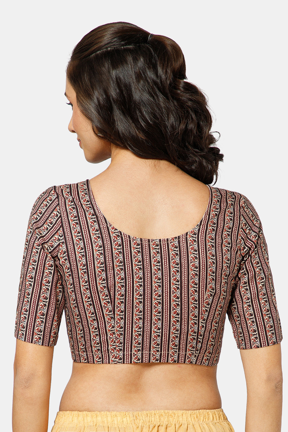 Naidu Hall Women’s Ikat Cotton U Neck Blouse with Elbow Sleeves and Front Hook Closure - Maroon - BU17-P3