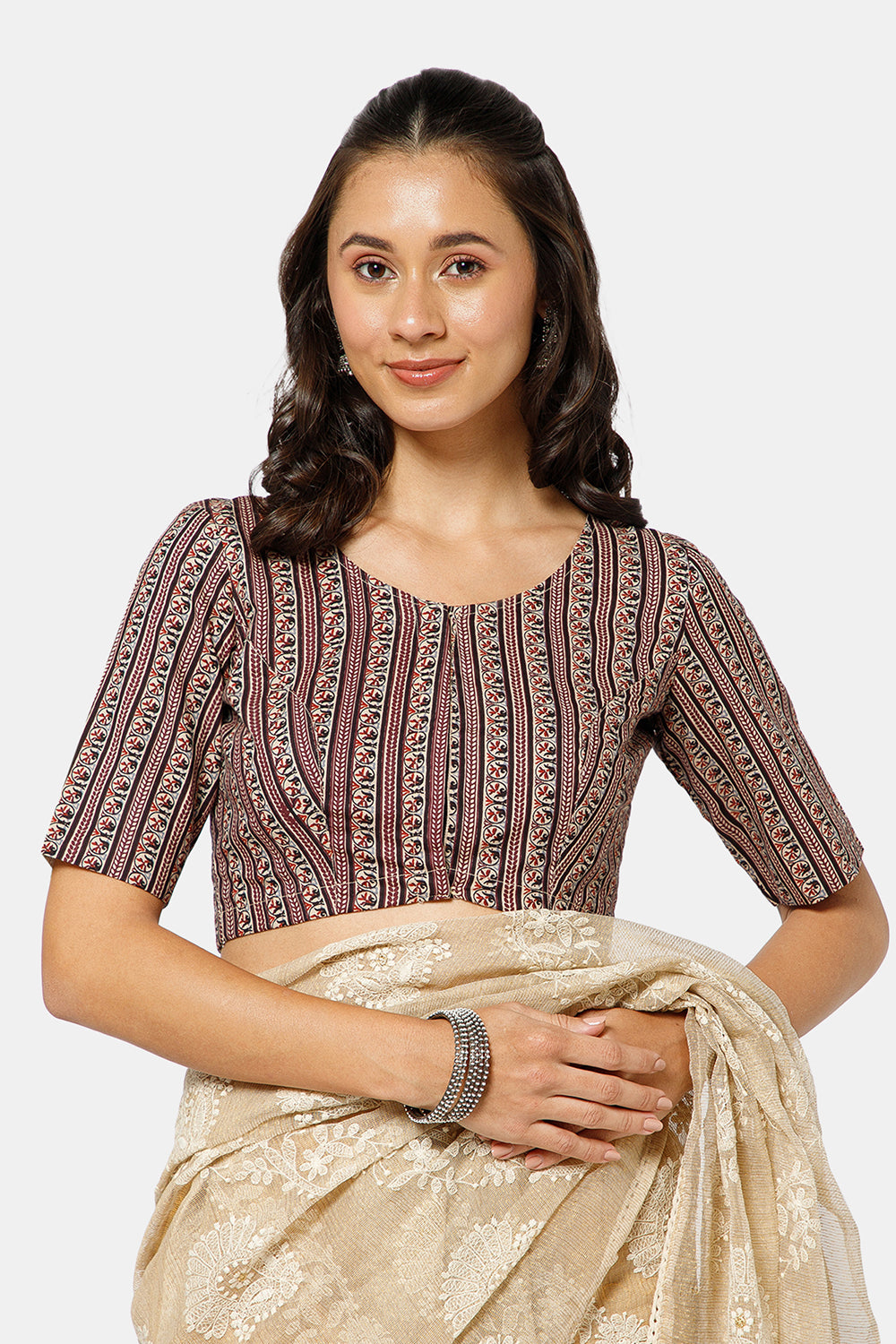 Naidu Hall Women’s Ikat Cotton U Neck Blouse with Elbow Sleeves and Front Hook Closure - Maroon - BU17-P3