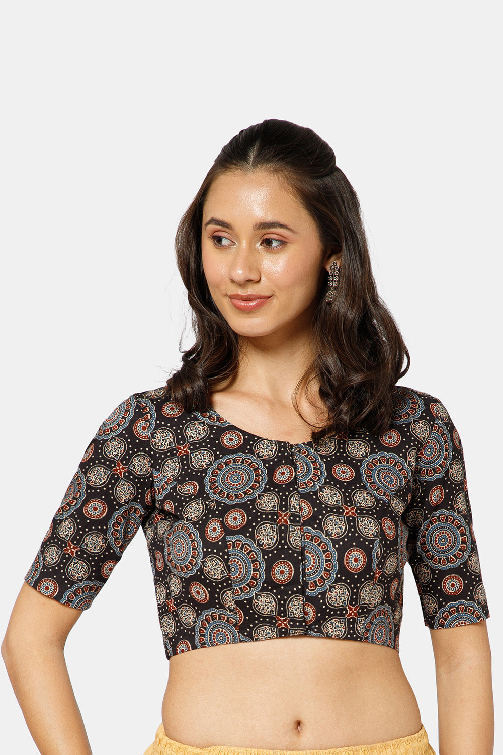Naidu Hall Women’s Ikat Cotton U Neck Blouse with Elbow Sleeves and Front Hook Closure - Black - BU17-P4