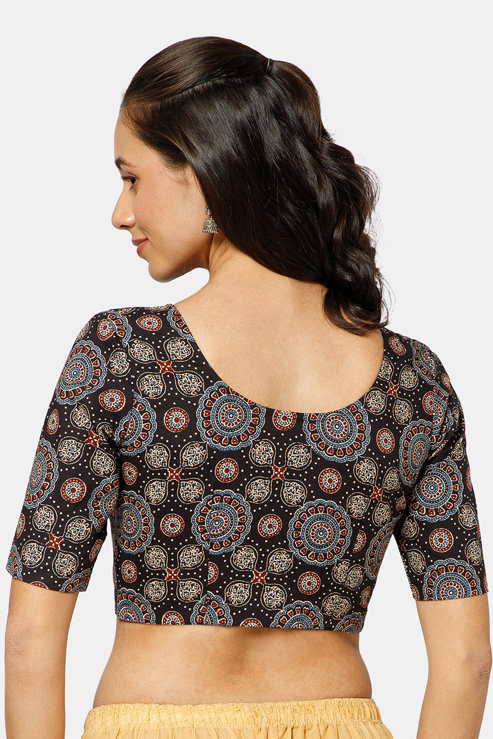 Naidu Hall Women’s Ikat Cotton U Neck Blouse with Elbow Sleeves and Front Hook Closure - Black - BU17-P4