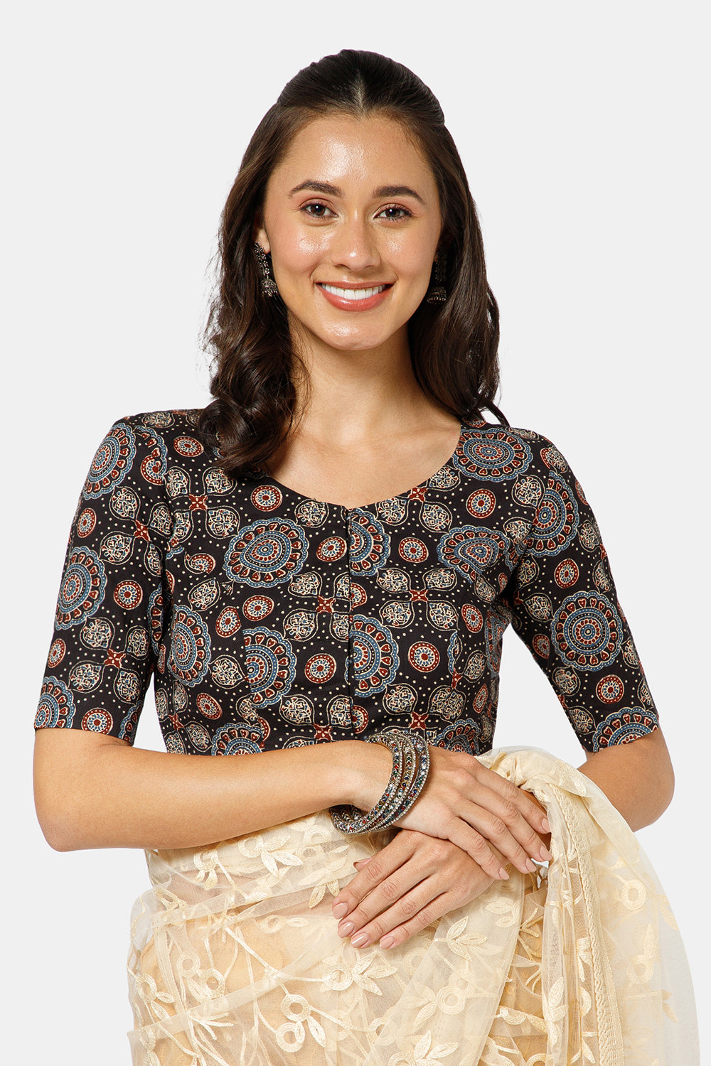 Naidu Hall Women’s Ikat Cotton U Neck Blouse with Elbow Sleeves and Front Hook Closure - Black - BU17-P4