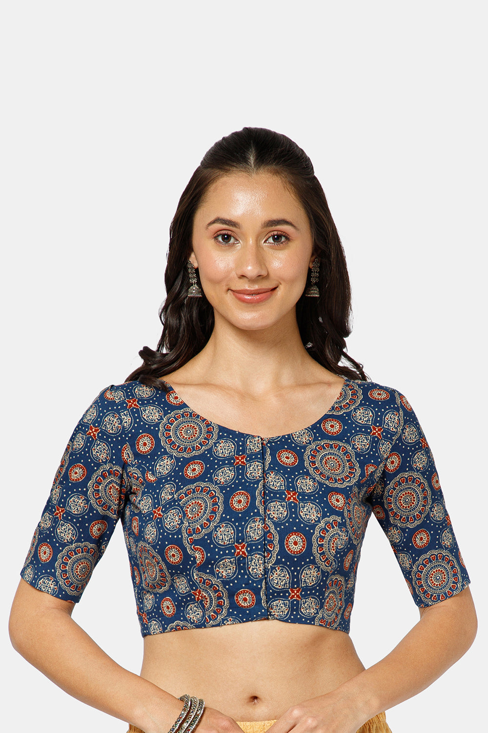 Naidu Hall Women’s Ikat Cotton U Neck Blouse with Elbow Sleeves and Front Hook Closure - Blue - BU17-P4
