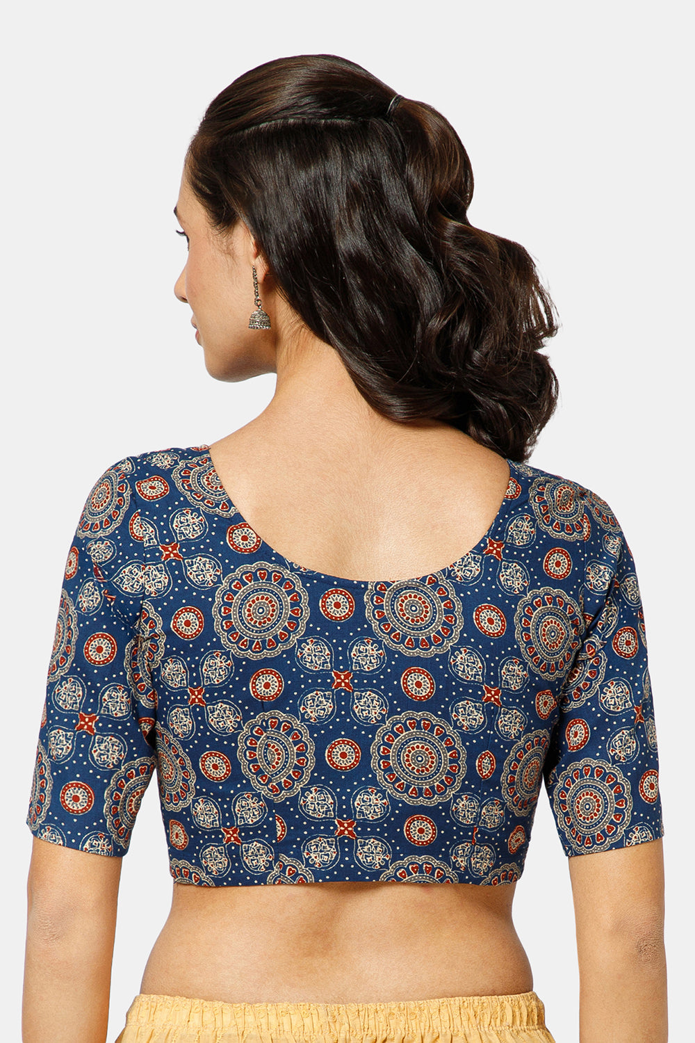 Naidu Hall Women’s Ikat Cotton U Neck Blouse with Elbow Sleeves and Front Hook Closure - Blue - BU17-P4