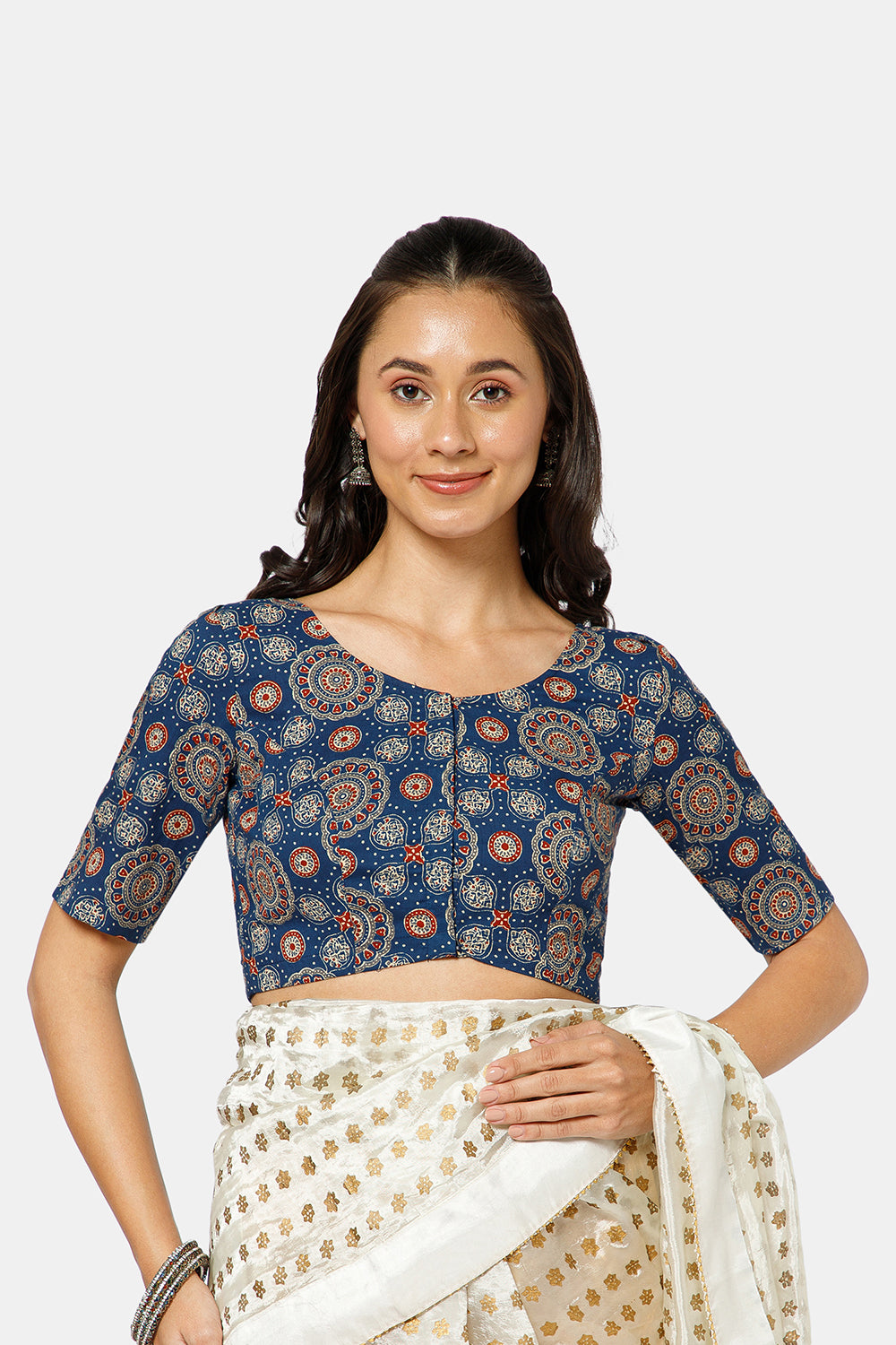Naidu Hall Women’s Ikat Cotton U Neck Blouse with Elbow Sleeves and Front Hook Closure - Blue - BU17-P4