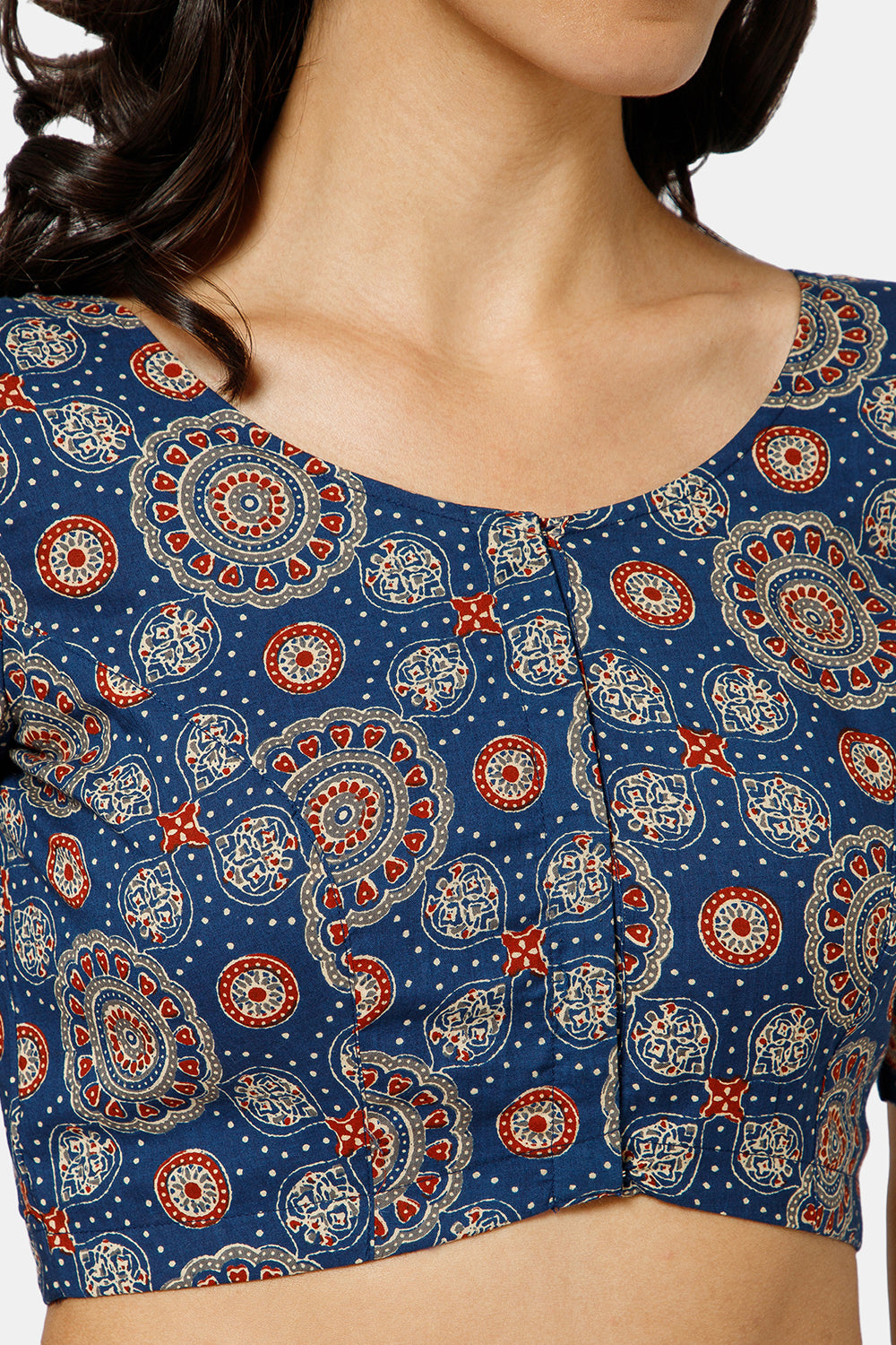 Naidu Hall Women’s Ikat Cotton U Neck Blouse with Elbow Sleeves and Front Hook Closure - Blue - BU17-P4