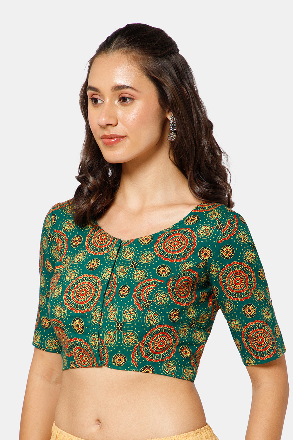 Naidu Hall Women’s Kalamkari Block Printed Cotton Blouse with U Neck Elbow Sleeves and Princess Cut - Green - BU17-P4