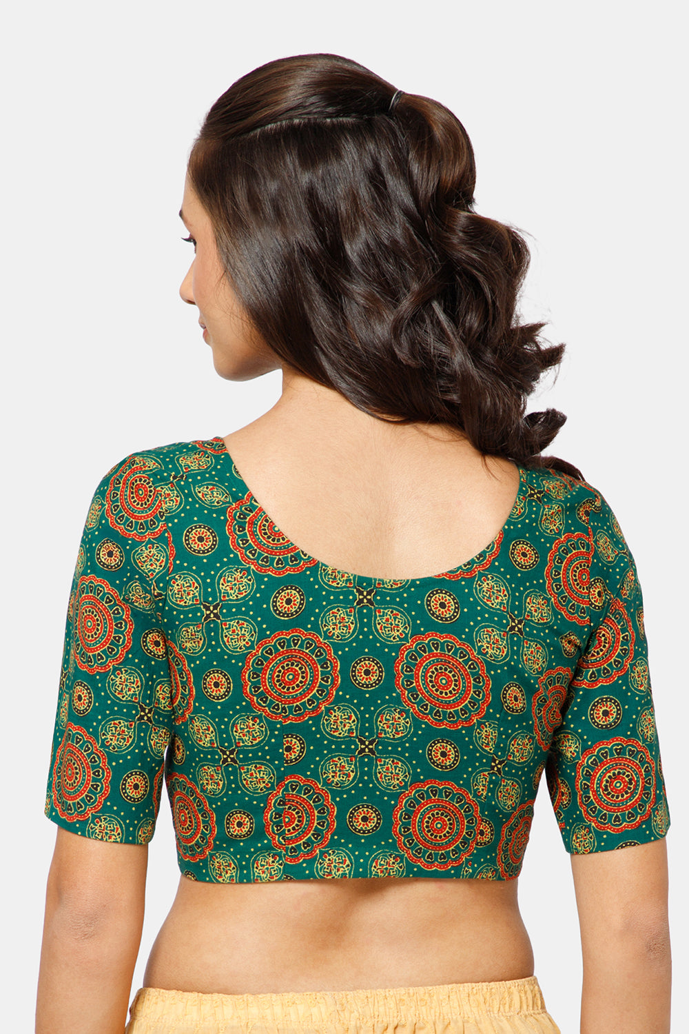 Naidu Hall Women’s Kalamkari Block Printed Cotton Blouse with U Neck Elbow Sleeves and Princess Cut - Green - BU17-P4