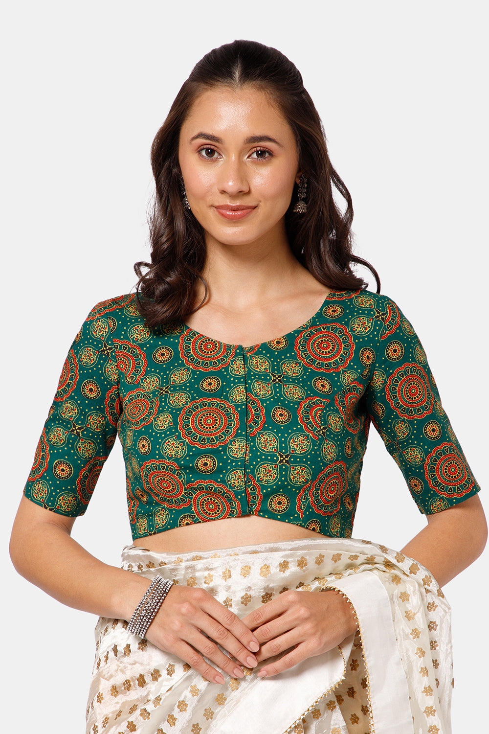 Naidu Hall Women’s Kalamkari Block Printed Cotton Blouse with U Neck Elbow Sleeves and Princess Cut - Green - BU17-P4