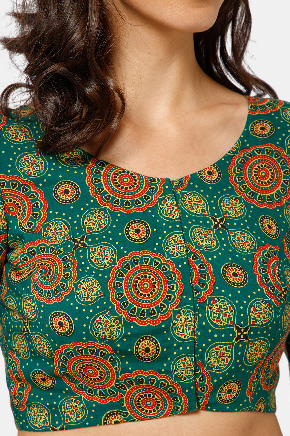 Naidu Hall Women’s Kalamkari Block Printed Cotton Blouse with U Neck Elbow Sleeves and Princess Cut - Green - BU17-P4