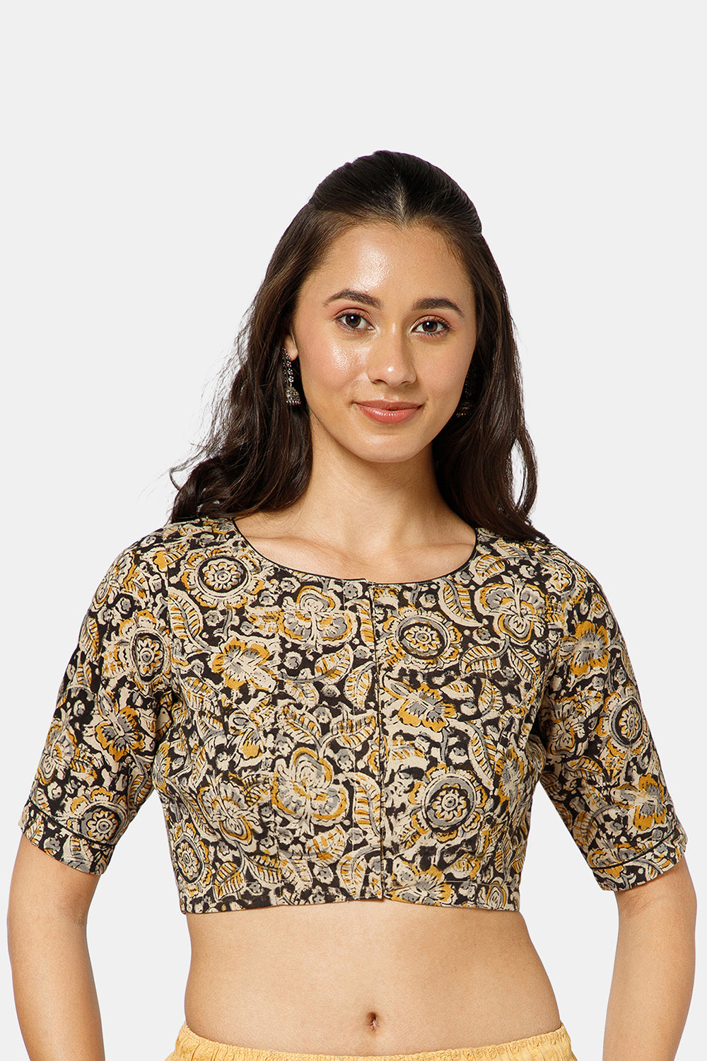 Naidu Hall Women’s Kalamkari Cotton Boat Neck Blouse with Elbow Sleeves and Front Hook Closure - Yellow - BU18