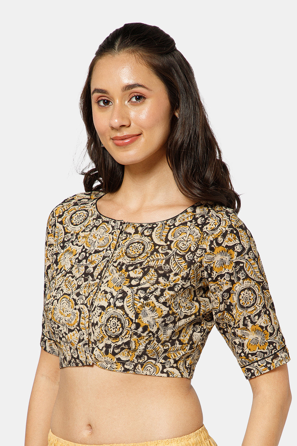 Naidu Hall Women’s Kalamkari Cotton Boat Neck Blouse with Elbow Sleeves and Front Hook Closure - Yellow - BU18