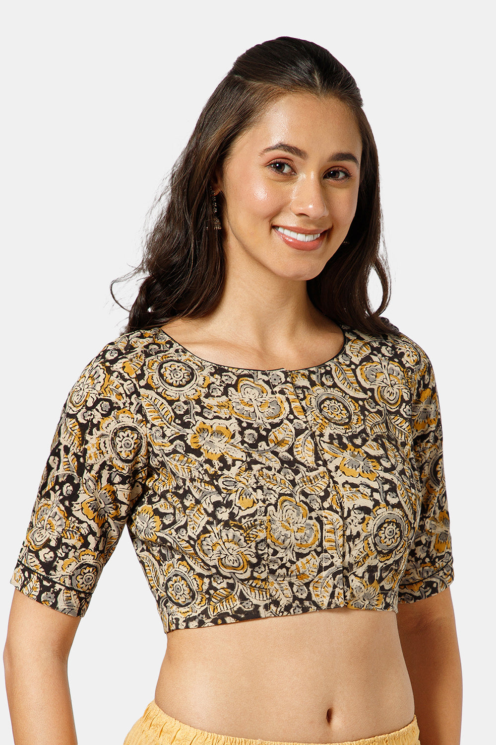 Naidu Hall Women’s Kalamkari Cotton Boat Neck Blouse with Elbow Sleeves and Front Hook Closure - Yellow - BU18