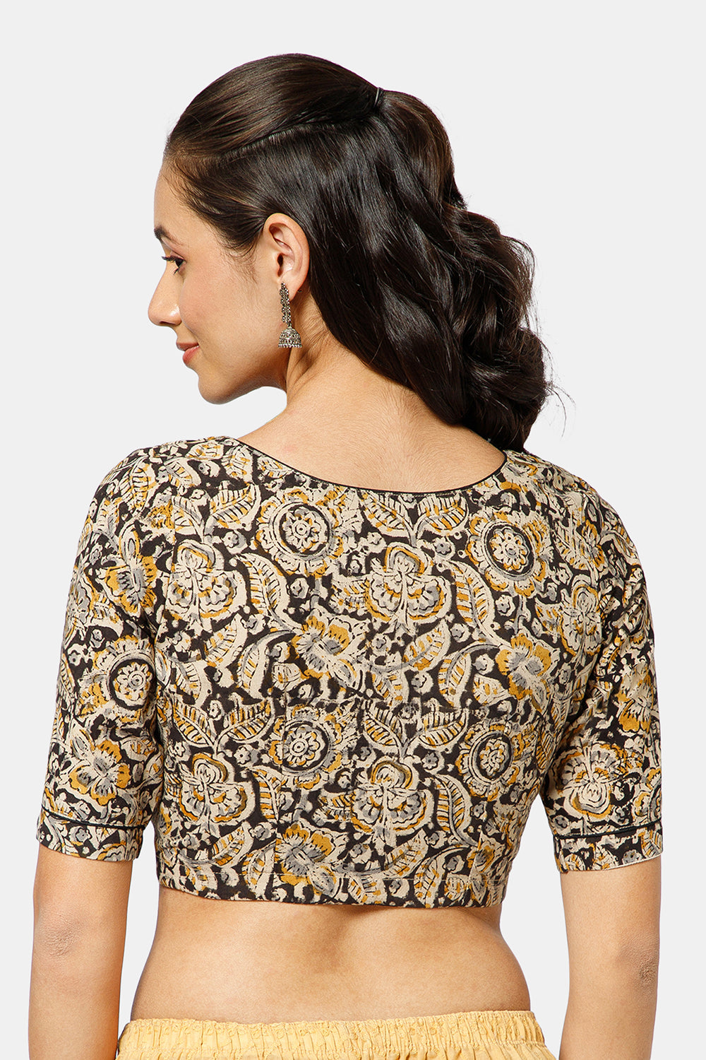 Naidu Hall Women’s Kalamkari Cotton Boat Neck Blouse with Elbow Sleeves and Front Hook Closure - Yellow - BU18