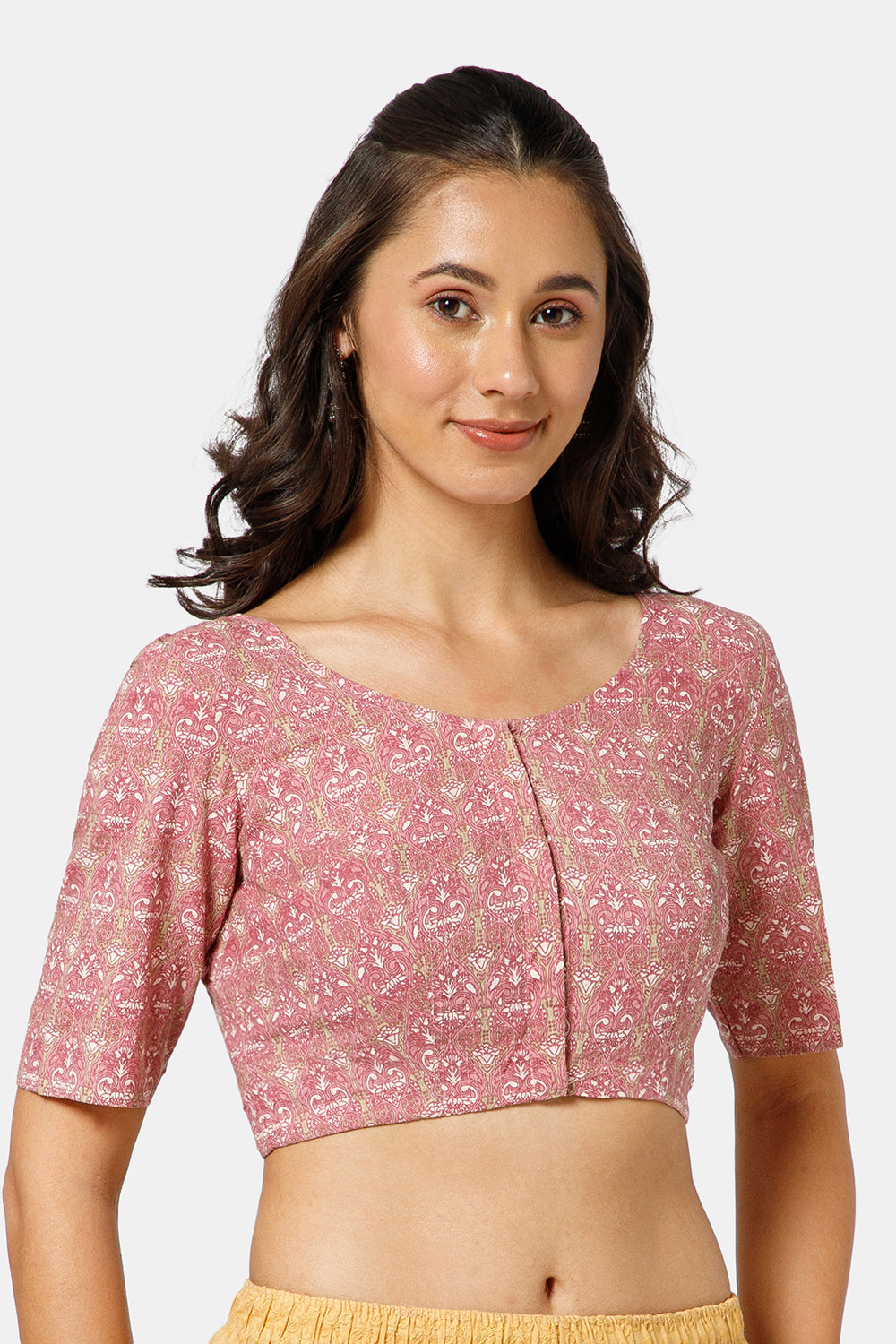 Naidu Hall Women’s Kalamkari Block Printed Cotton Blouse with U Neck Elbow Sleeves and Princess Cut - Pink - BU17-P1
