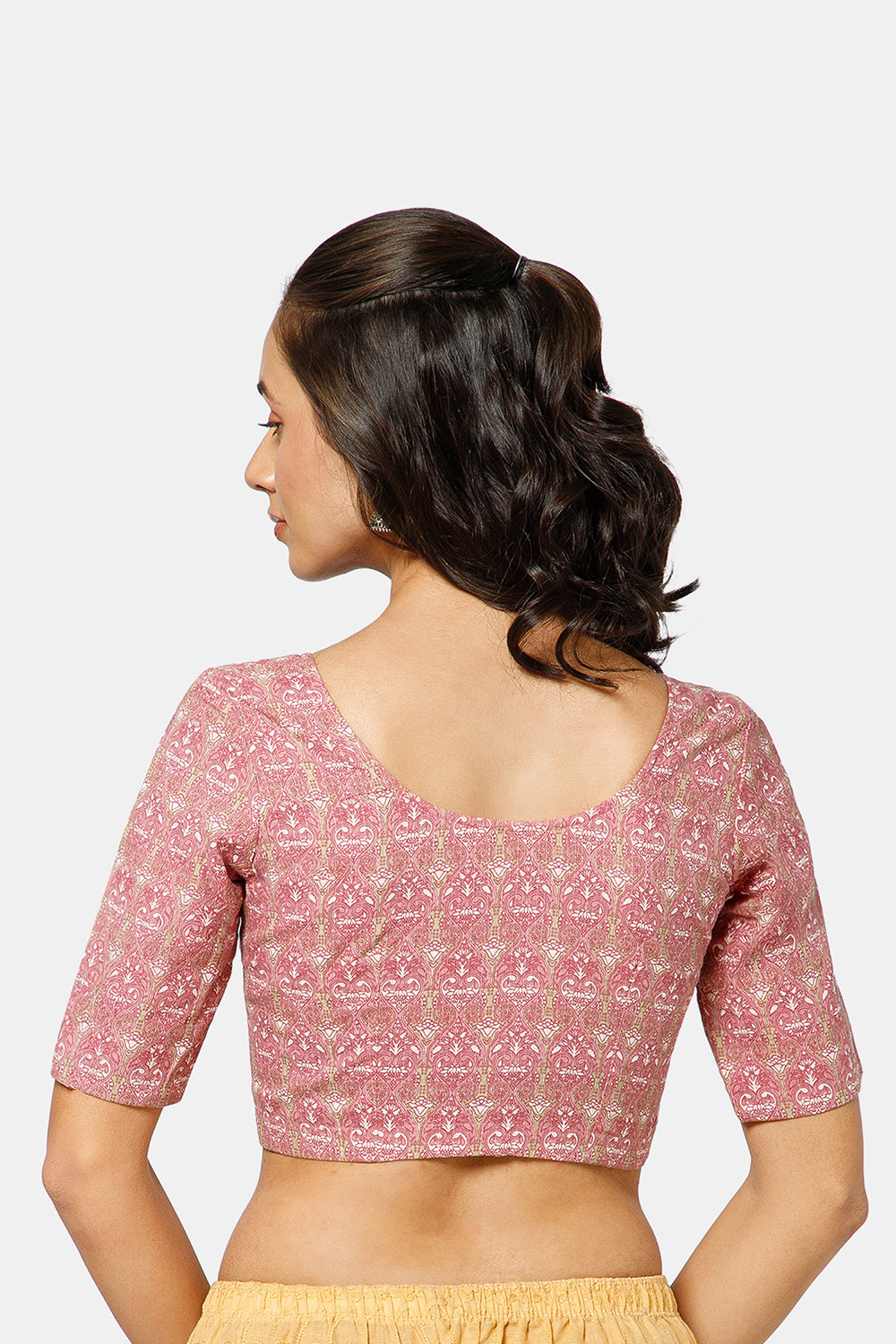 Naidu Hall Women’s Kalamkari Block Printed Cotton Blouse with U Neck Elbow Sleeves and Princess Cut - Pink - BU17-P1