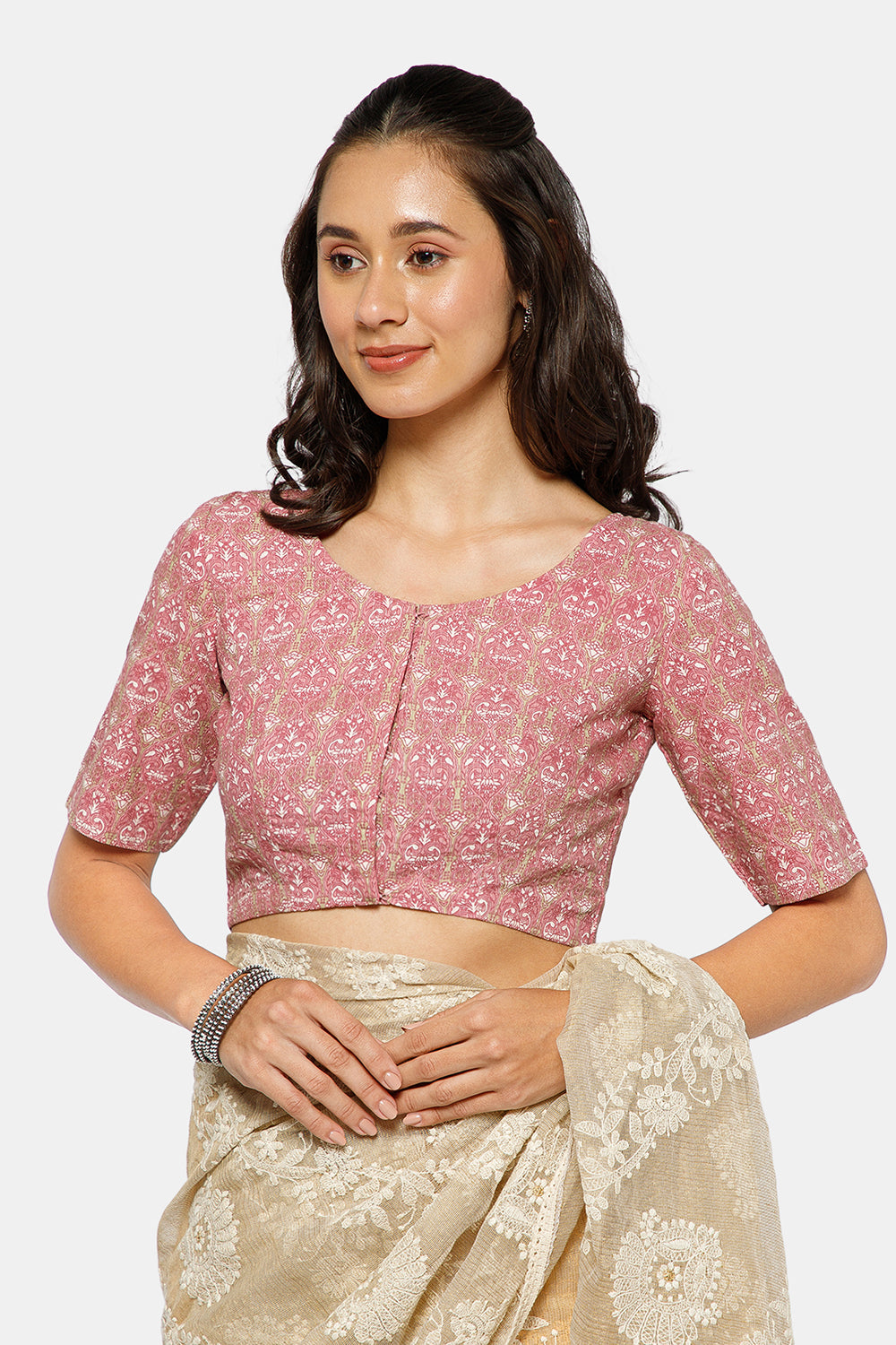 Naidu Hall Women’s Kalamkari Block Printed Cotton Blouse with U Neck Elbow Sleeves and Princess Cut - Pink - BU17-P1
